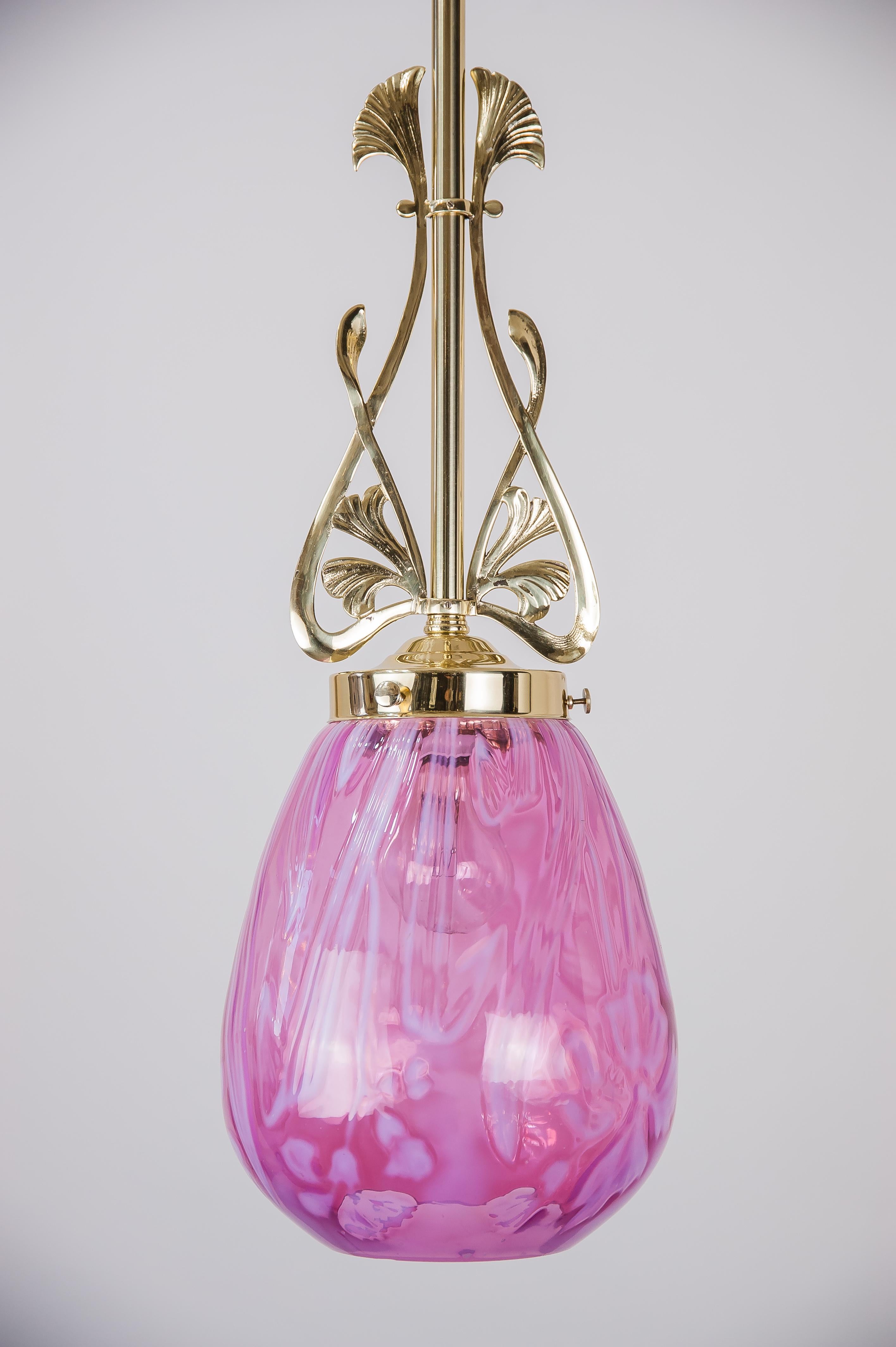 Lacquered Floral Jugendstil Pendant, circa 1905 with Original Glass Shade