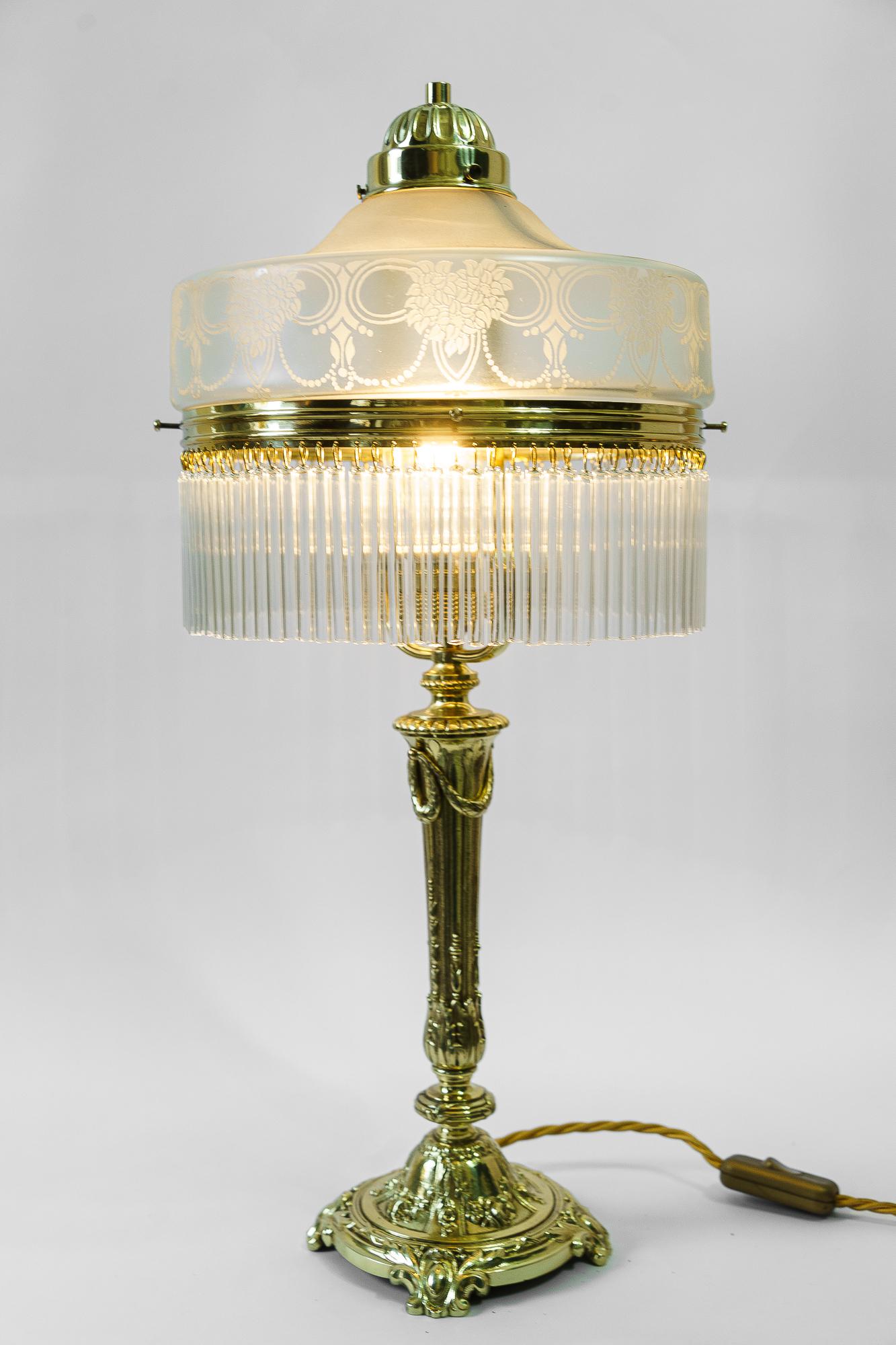 Brass Floral Jugendstil Table Lamp with Glass Shade Vienna Around 1908 For Sale