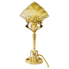 Floral Jugendstil table lamp with loetz glass shade around 1908