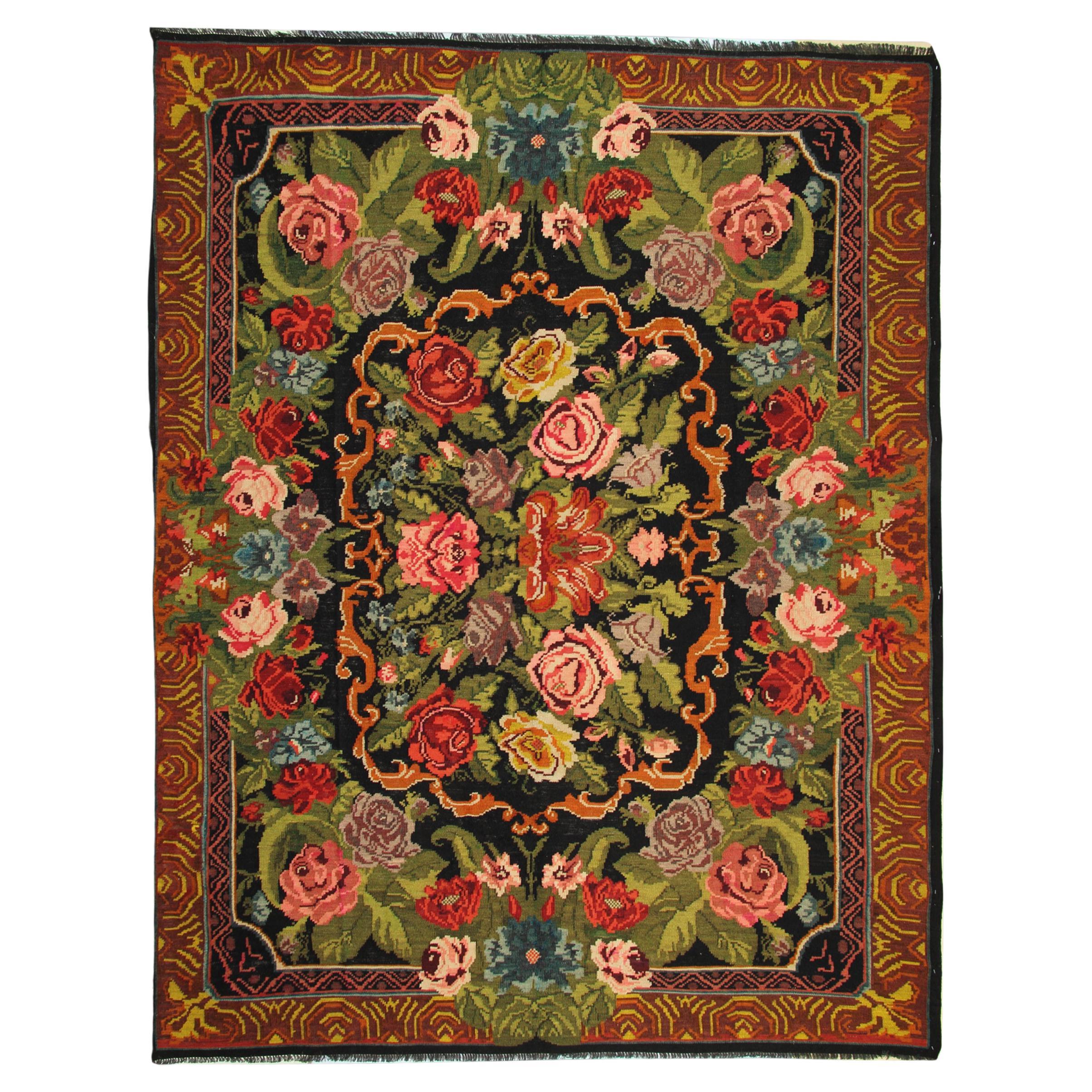 Floral Antique Kilim Rug, Handmade Carpet and HandWoven Rug in