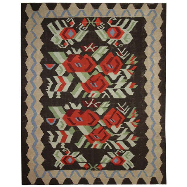 Vintage Traditional Greek Flatweave Rug with Flower Motif at 1stDibs