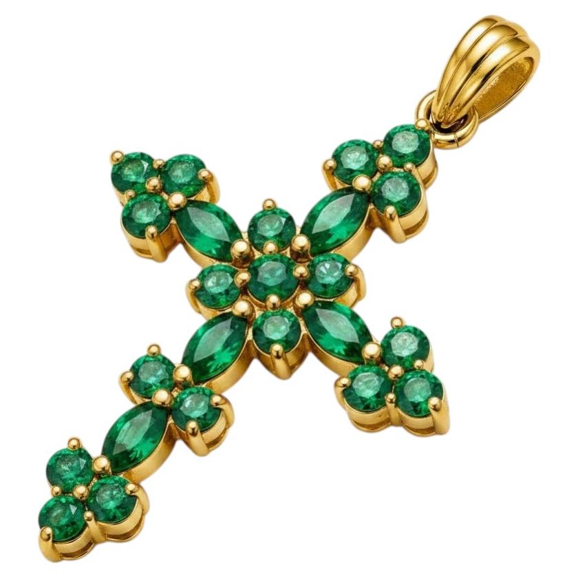 Floral Lab emeralds Cross Pendant Silver, gold