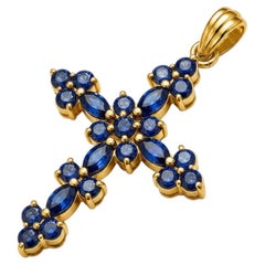 Floral Lab Sapphires Cross Pendant Silver, gold