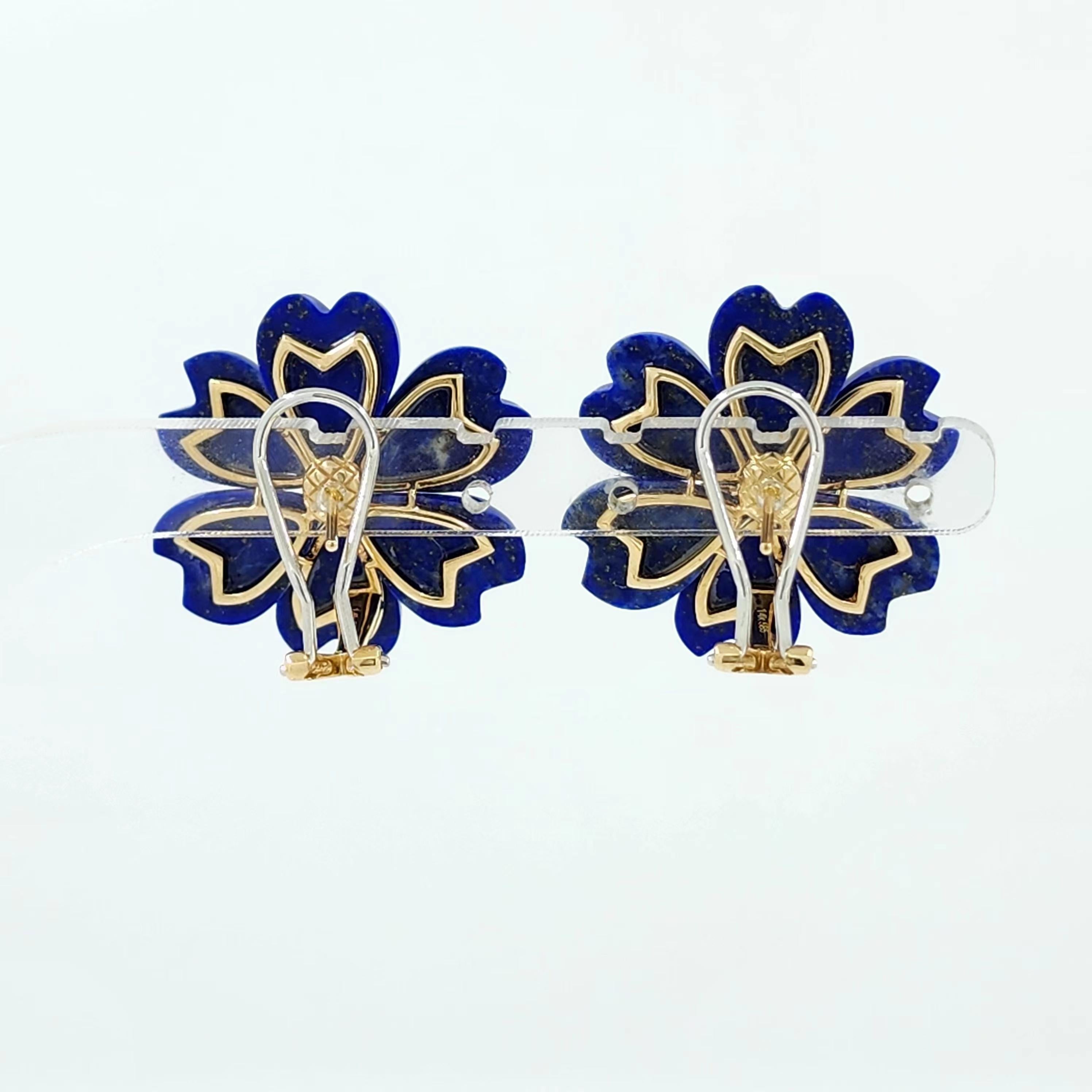 Floral Lapis Lazuli Diamond Earring in 14K Yellow Gold  28mmx28mm In New Condition In Hong Kong, HK