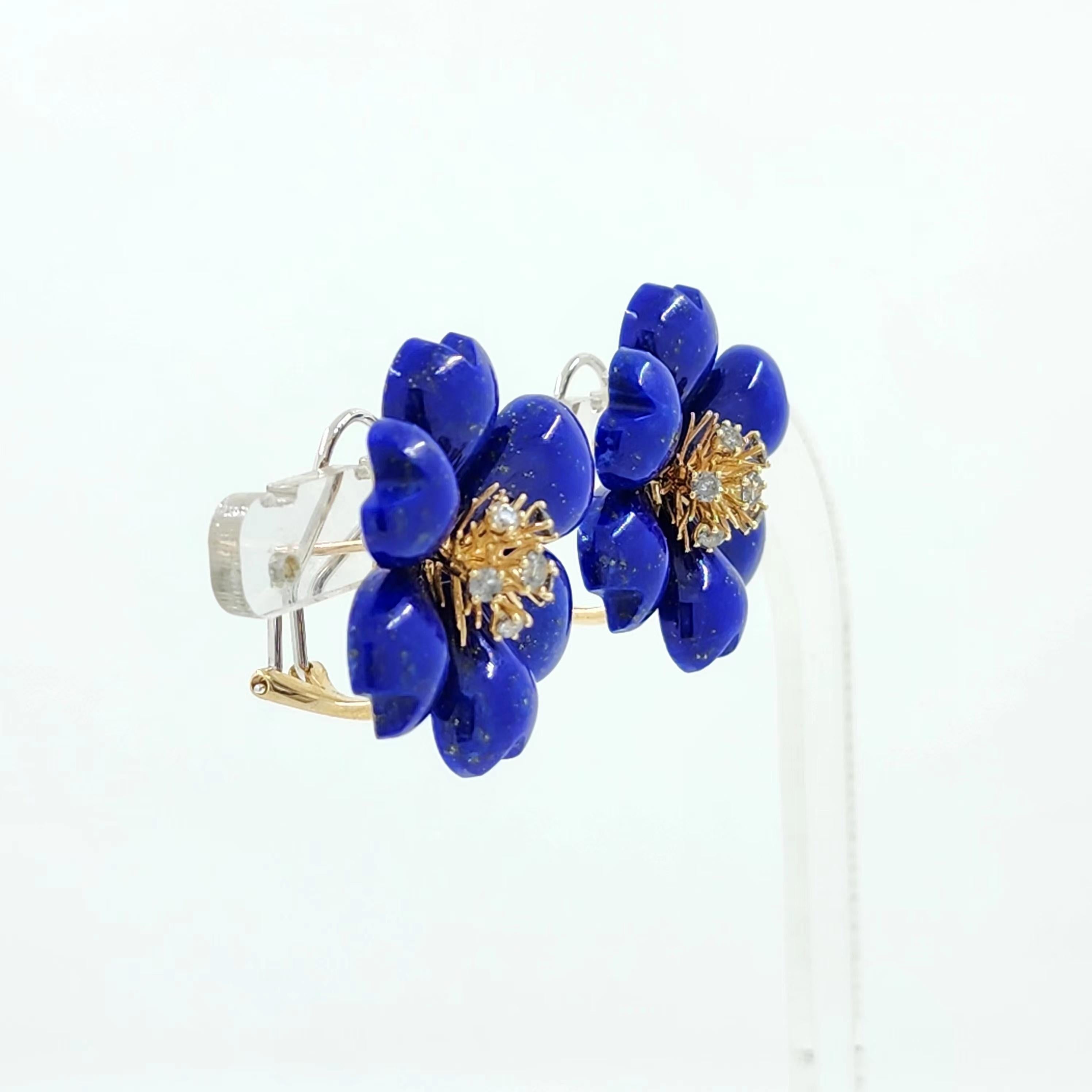 Floral Lapis Lazuli Diamond Earring in 14K Yellow Gold  28mmx28mm 1