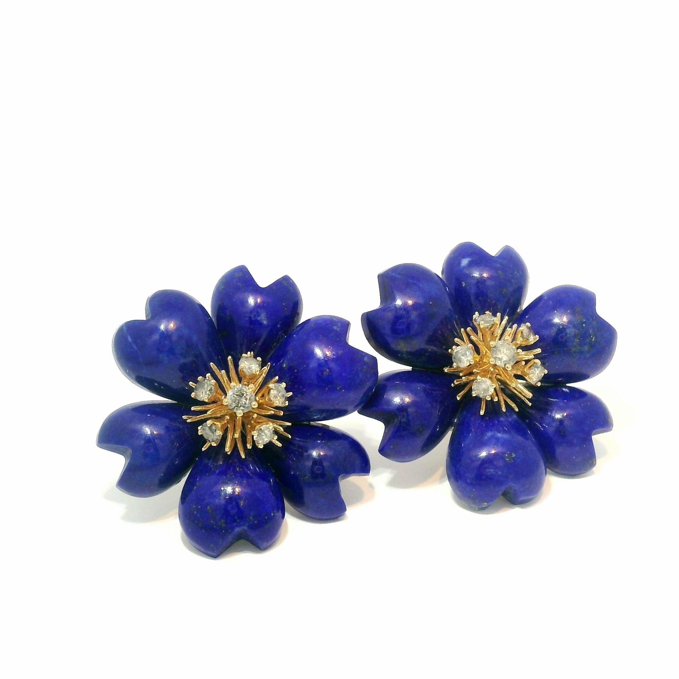 Taglio rotondo Orecchini floreali in lapislazzuli e diamanti in oro giallo 14K 28mmx28mm in vendita