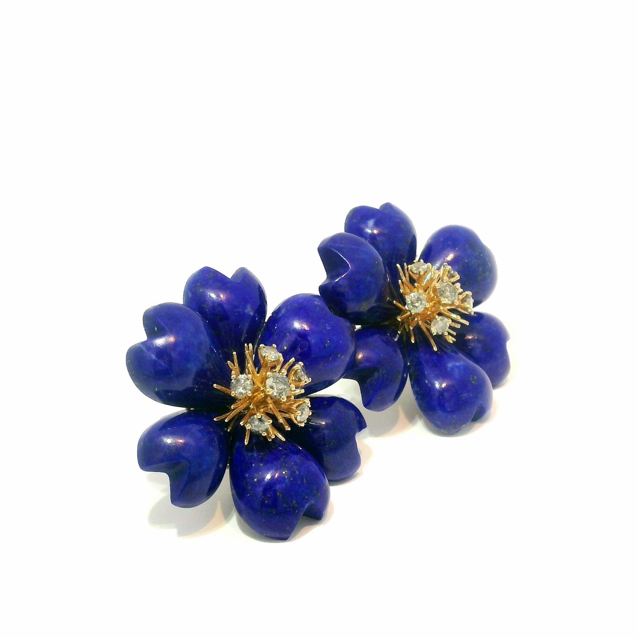 Orecchini floreali in lapislazzuli e diamanti in oro giallo 14K 28mmx28mm In condizioni Nuovo in vendita a Hong Kong, HK