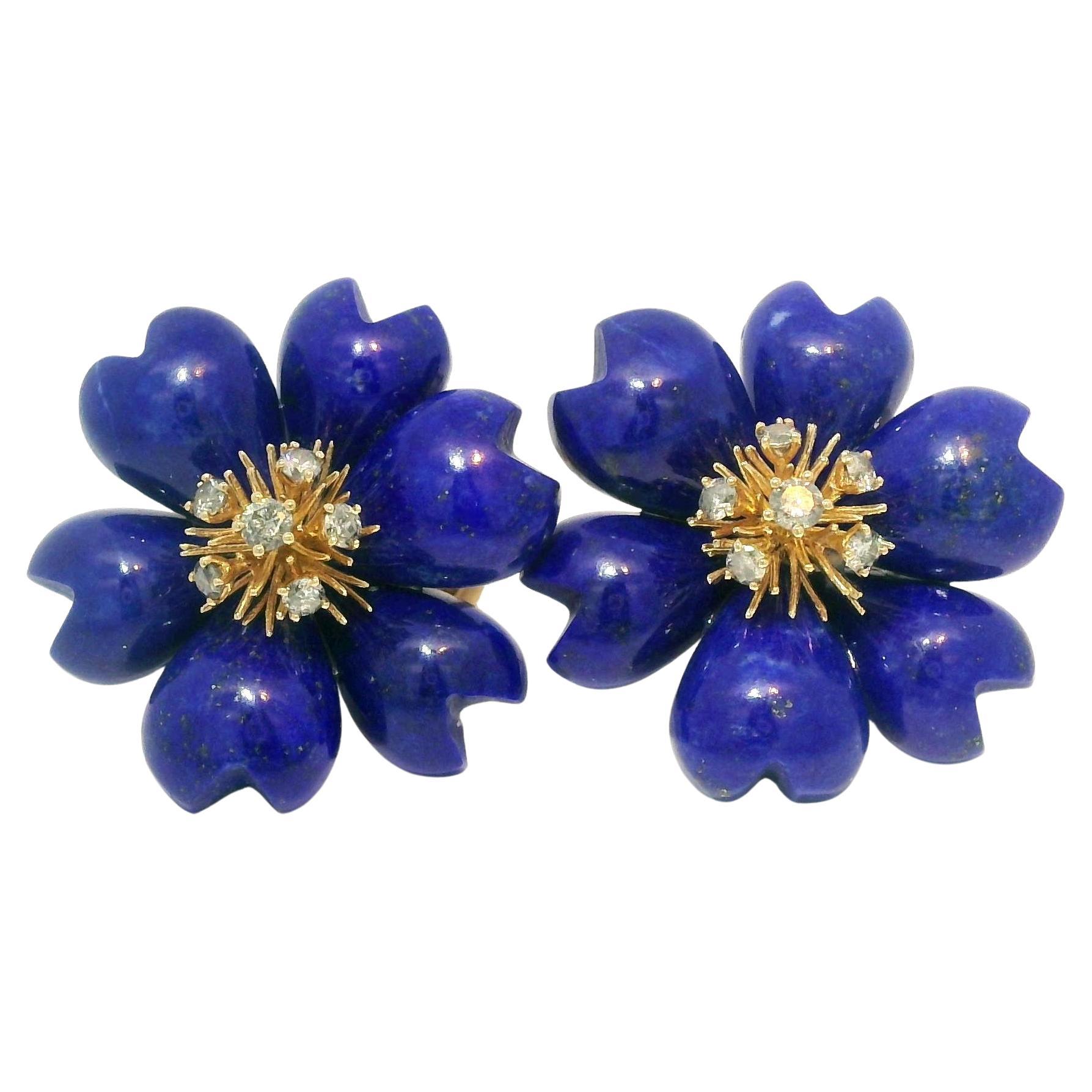 Orecchini floreali in lapislazzuli e diamanti in oro giallo 14K 28mmx28mm in vendita