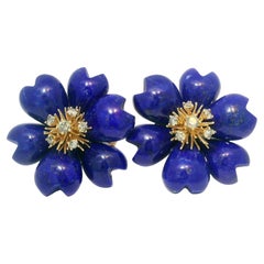 Floral Lapis Lazuli Diamond Earrings in 14K Yellow Gold 28mmx28mm