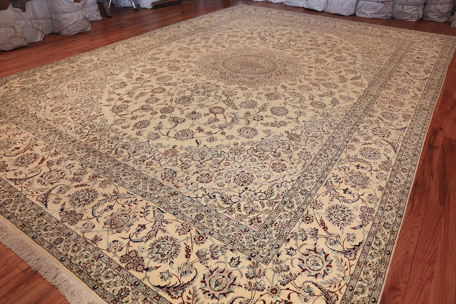 Floral Large Silk and Wool Vintage Nain Persian Rug. Size: 11 ft 6 in x 17 ft 5