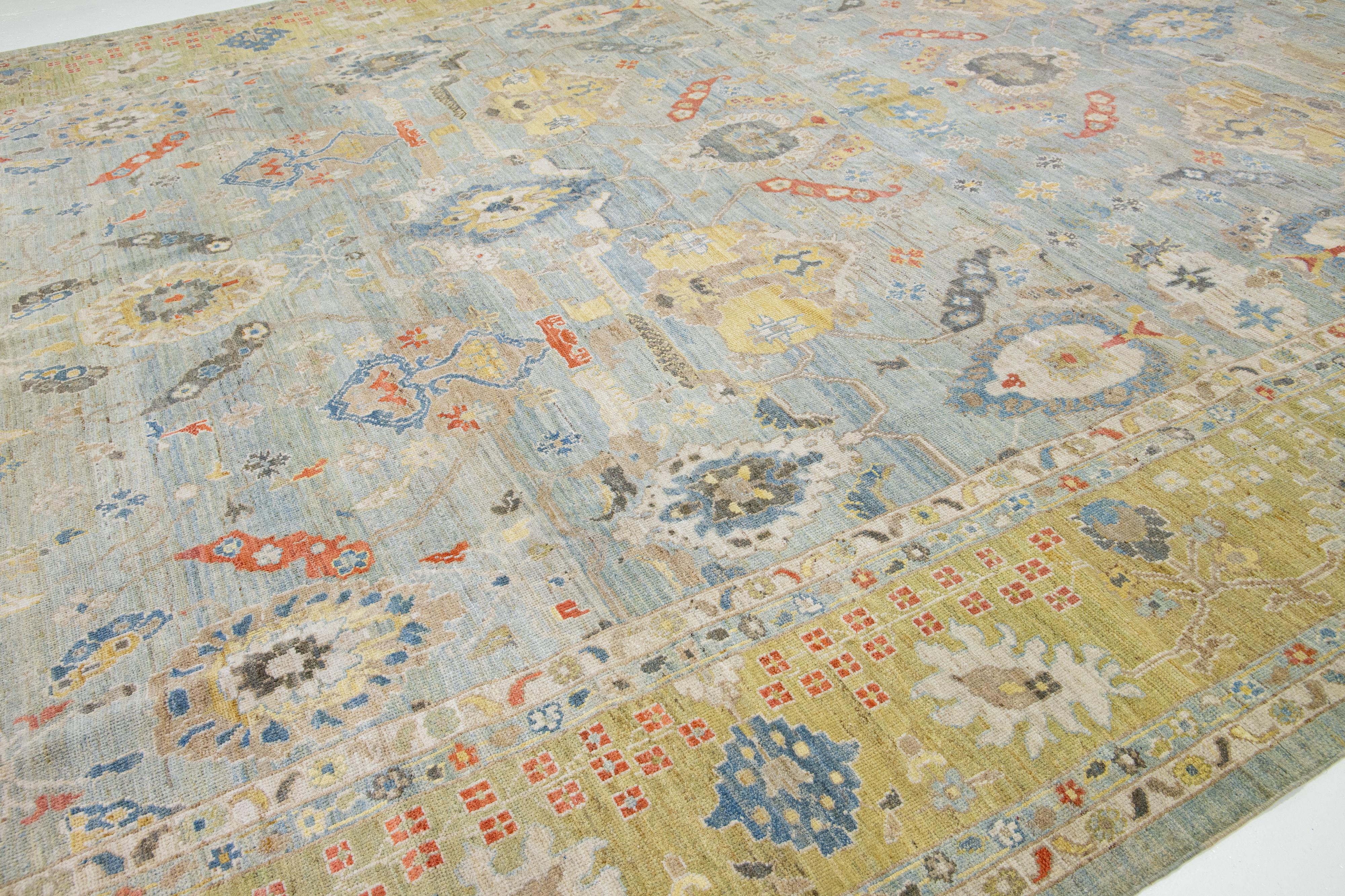 Floral Hellblau Modern Übergröße Sultanabad Wollteppich (Wolle) im Angebot