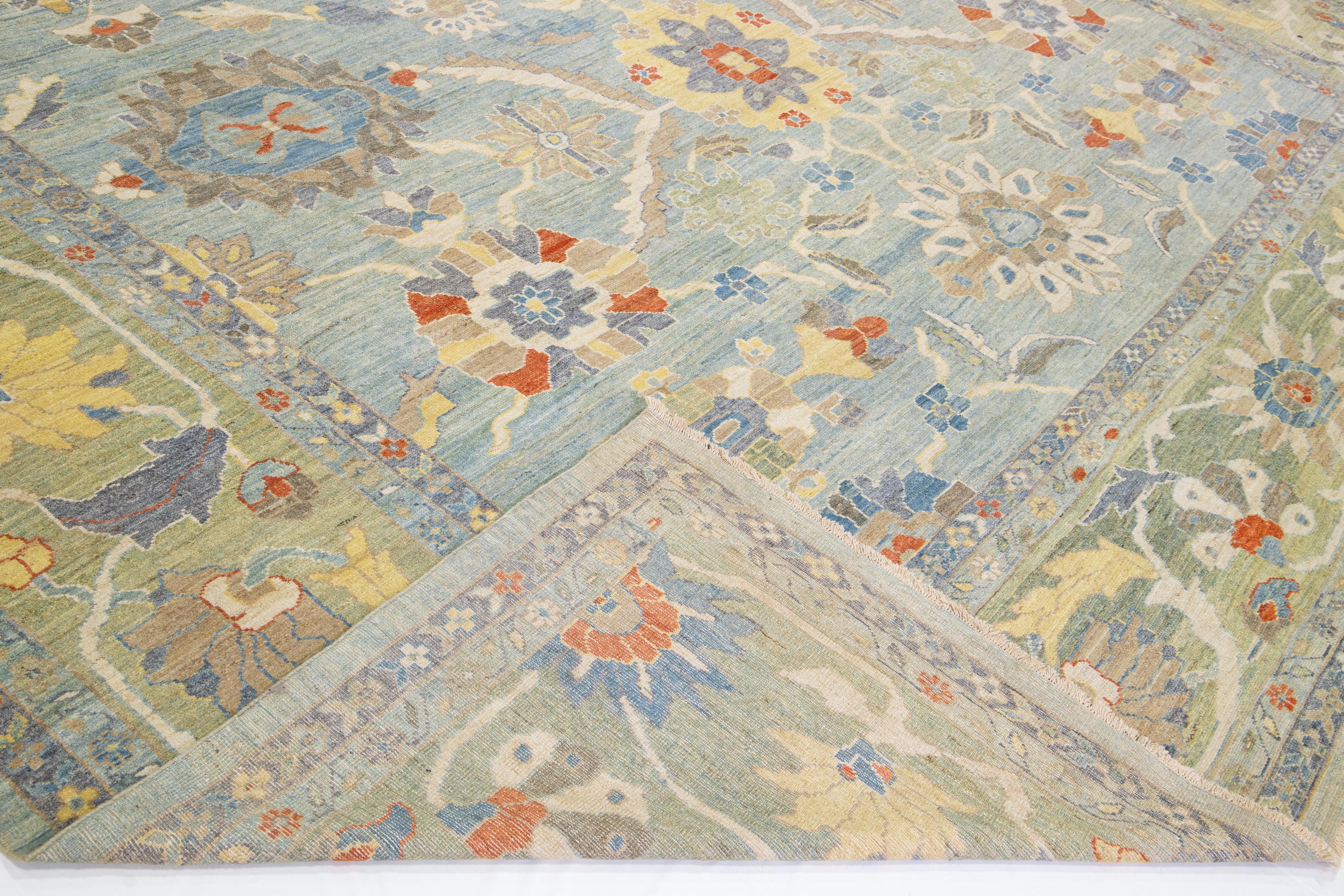 Floral Hellblau Modern Übergröße Sultanabad Wollteppich im Angebot 2