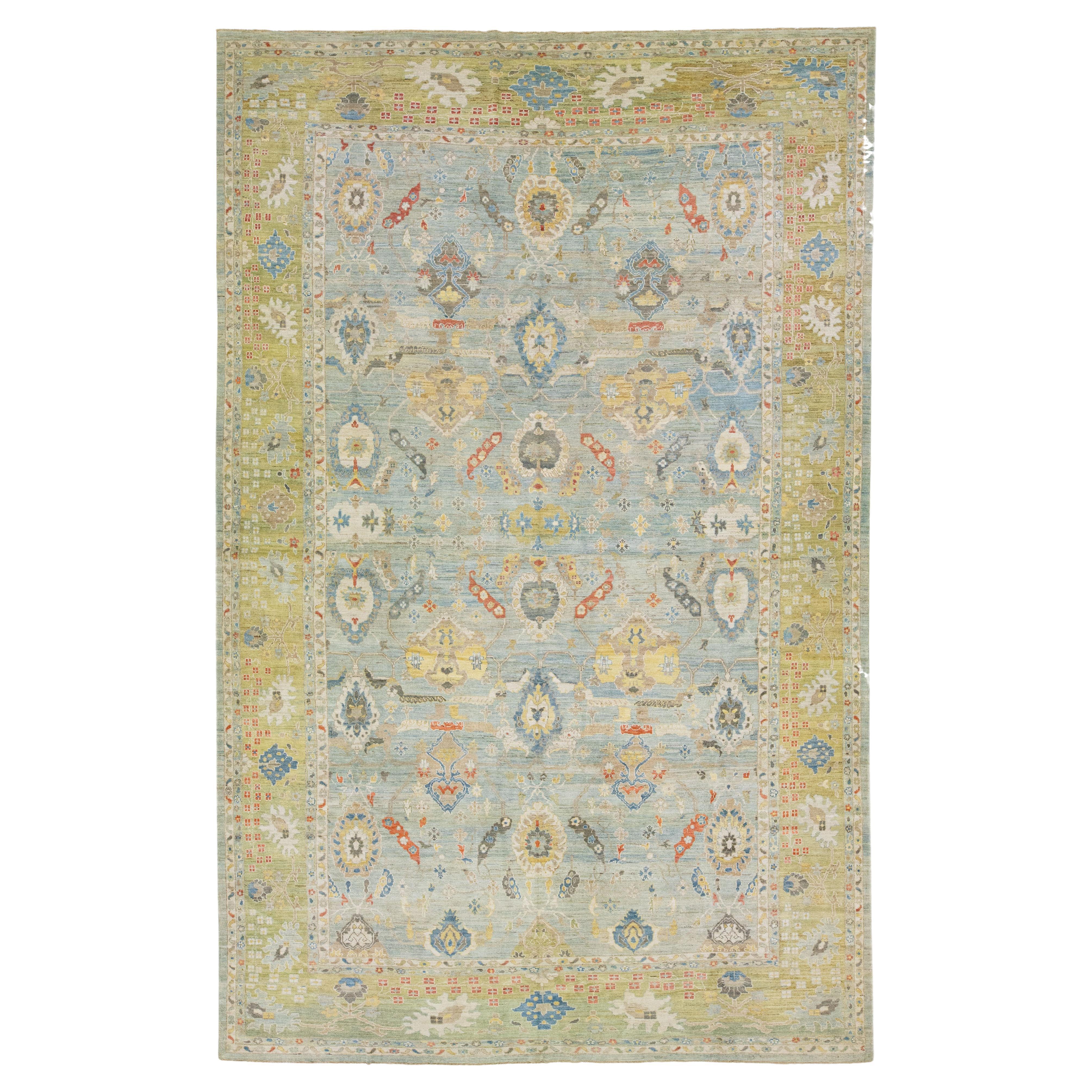 Tapis en laine Sultanabad à fleurs bleu clair moderne de taille moyenne 