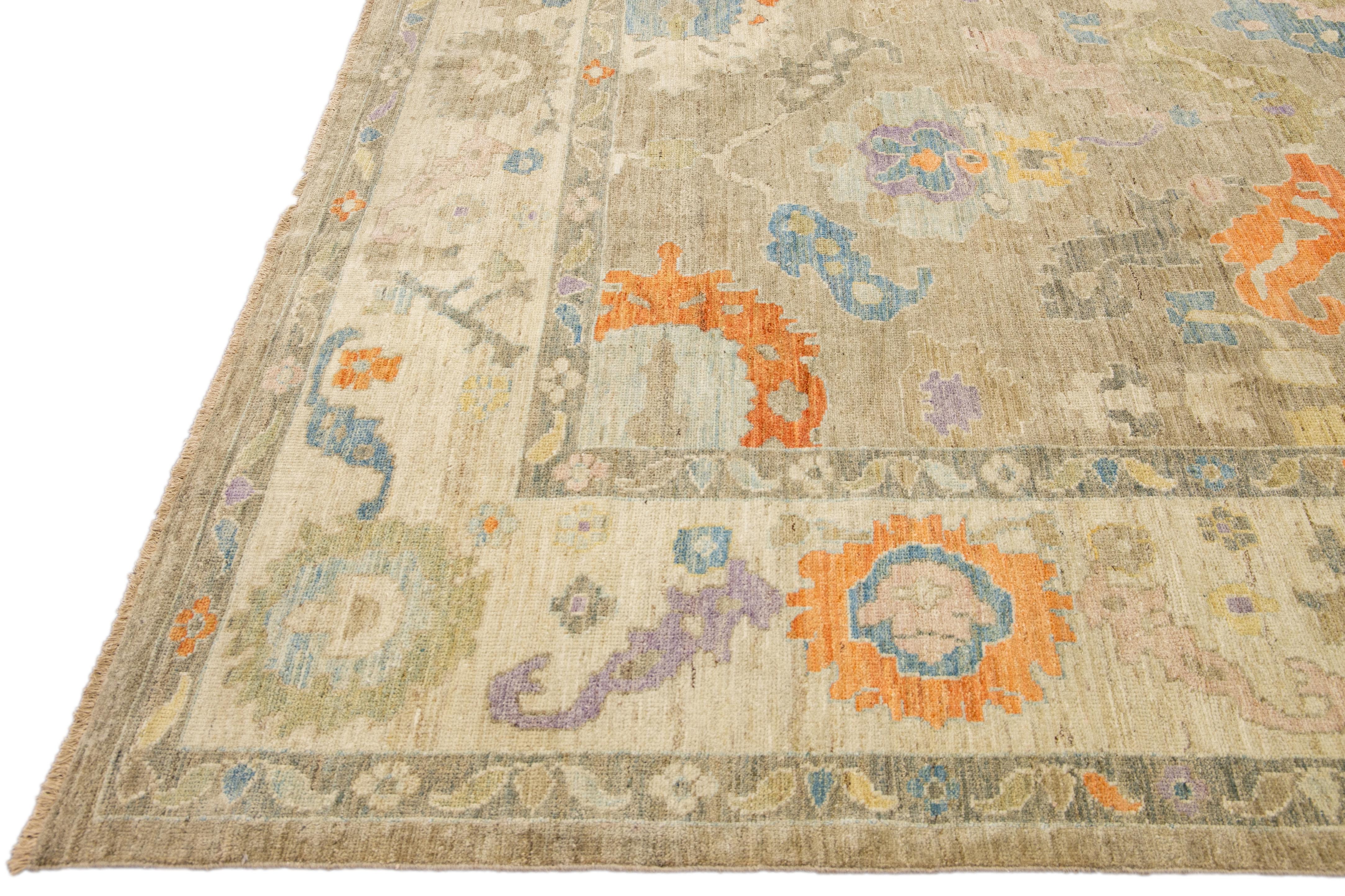 Persian Floral Light Brown Modern Sultanabad Handmade Wool Rug  For Sale