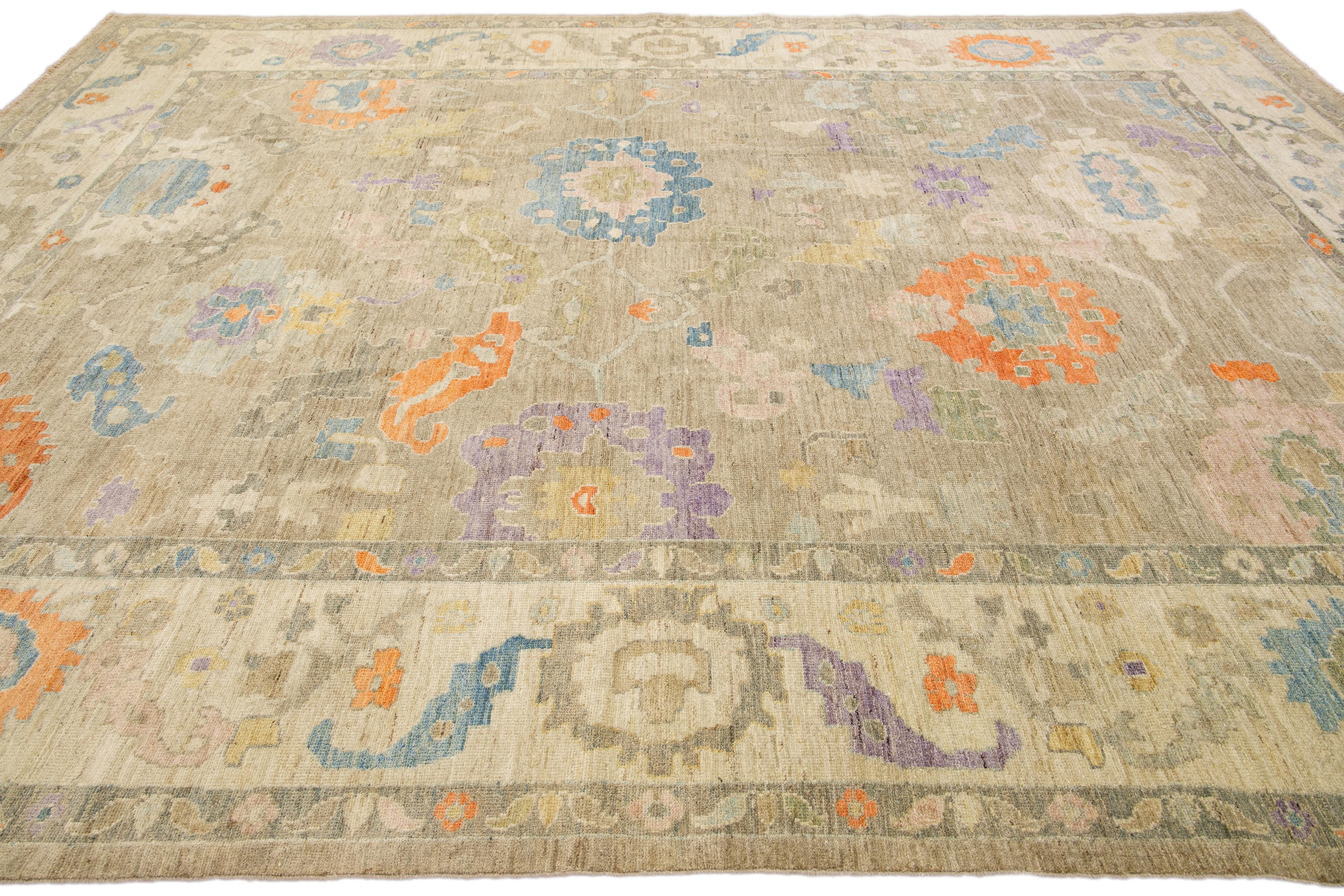 Hand-Knotted Floral Light Brown Modern Sultanabad Handmade Wool Rug  For Sale