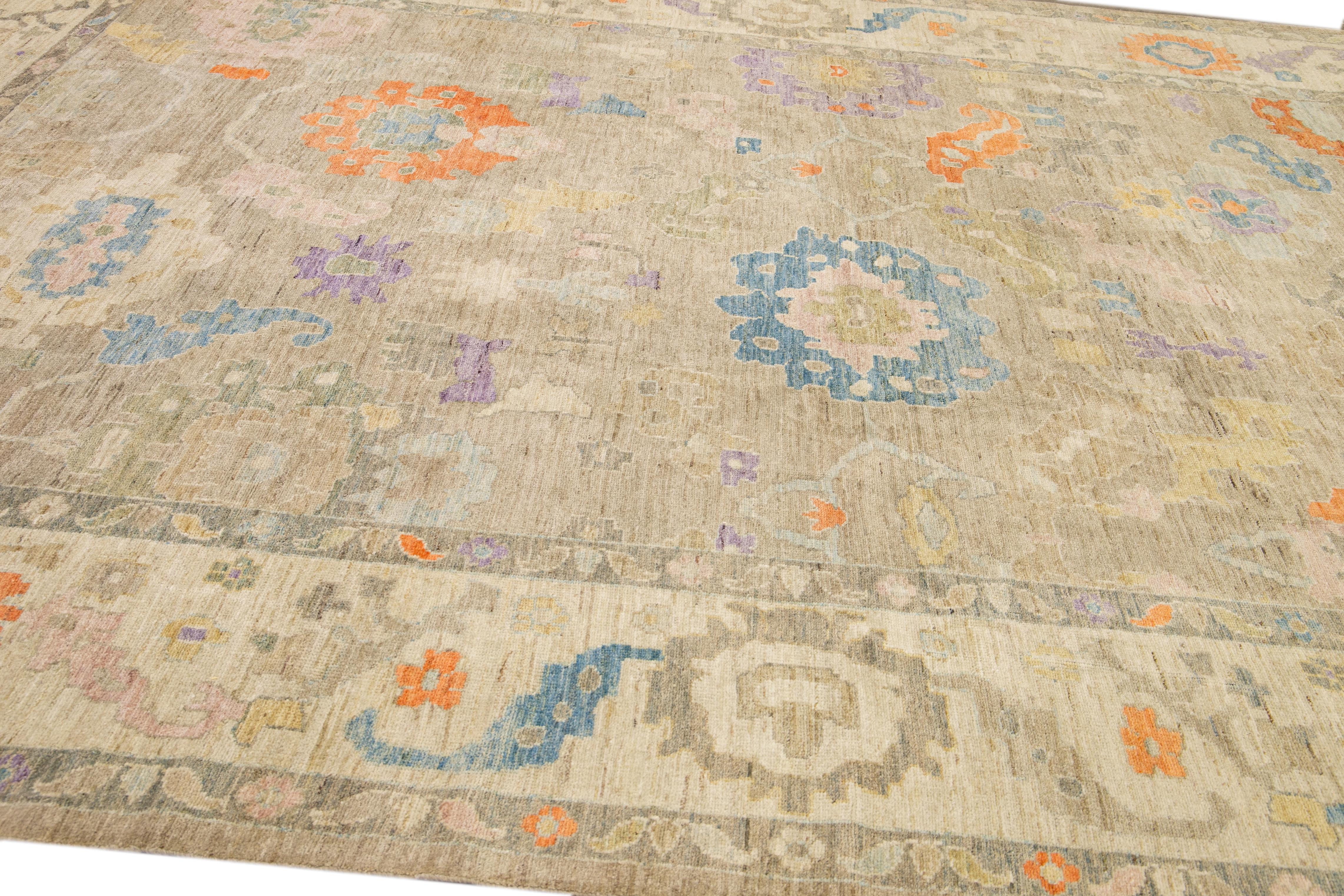 Contemporary Floral Light Brown Modern Sultanabad Handmade Wool Rug  For Sale