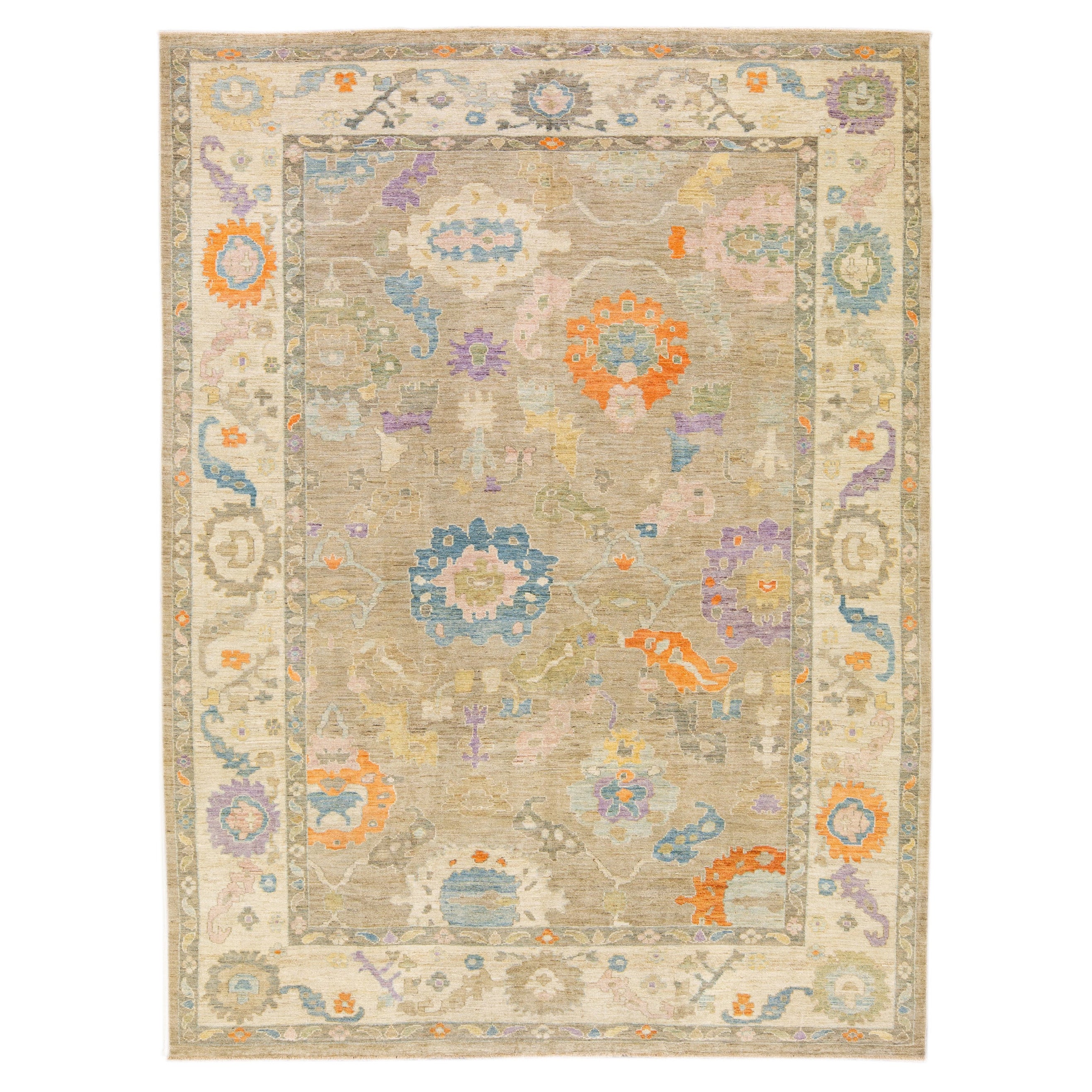 Floraler Moderner Sultanabad-Teppich aus handgefertigter Wolle in Light Brown