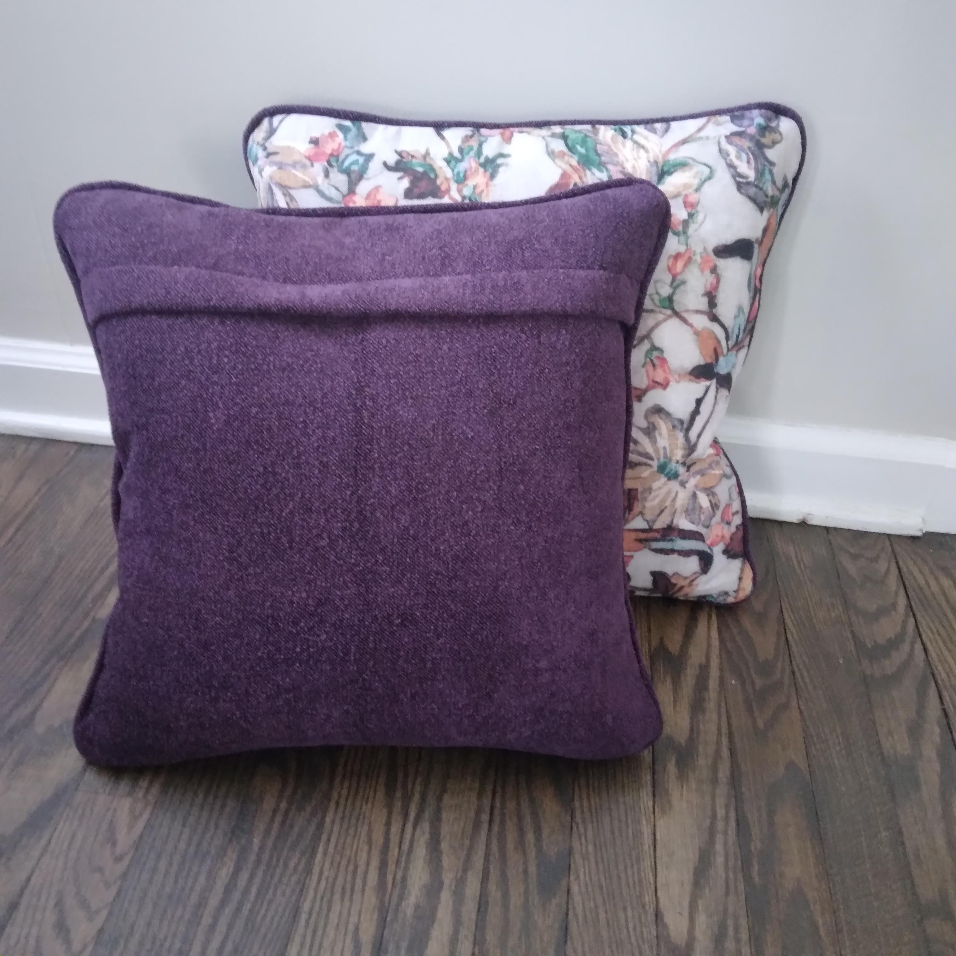 Contemporary Floral Linen Throw Pillows with Purple Chenille Backing - a pair  For Sale