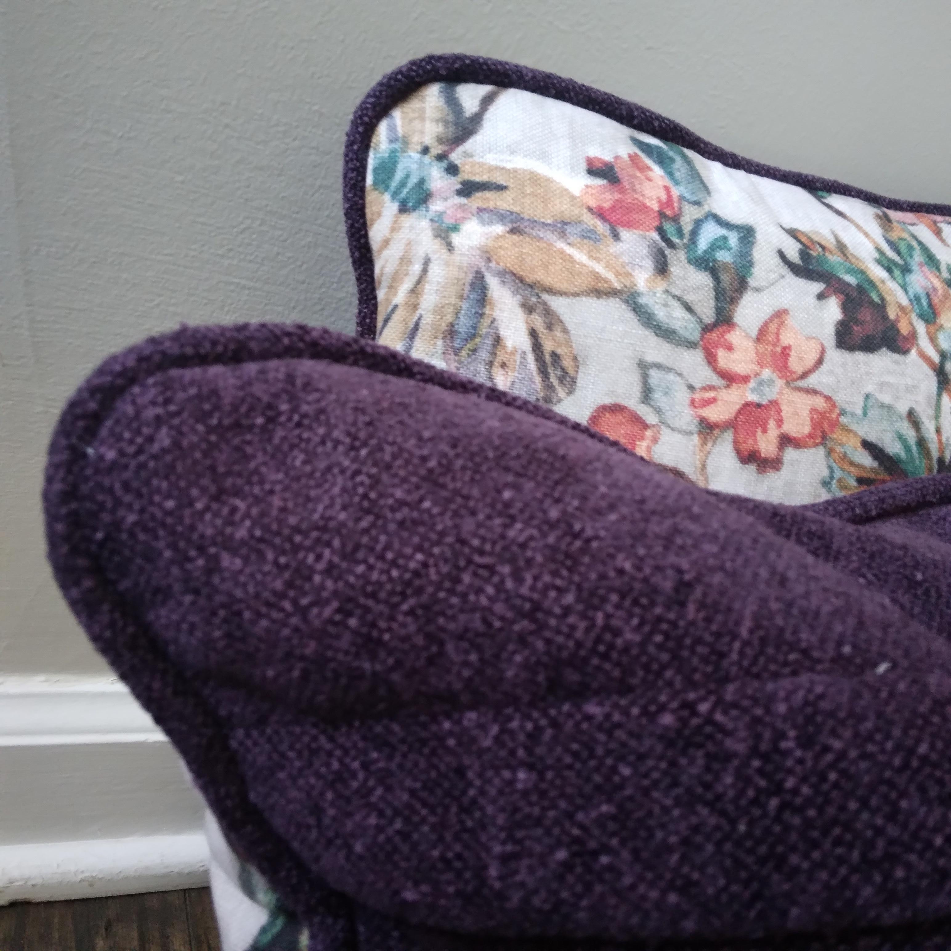 Cotton Floral Linen Throw Pillows with Purple Chenille Backing - a pair  For Sale