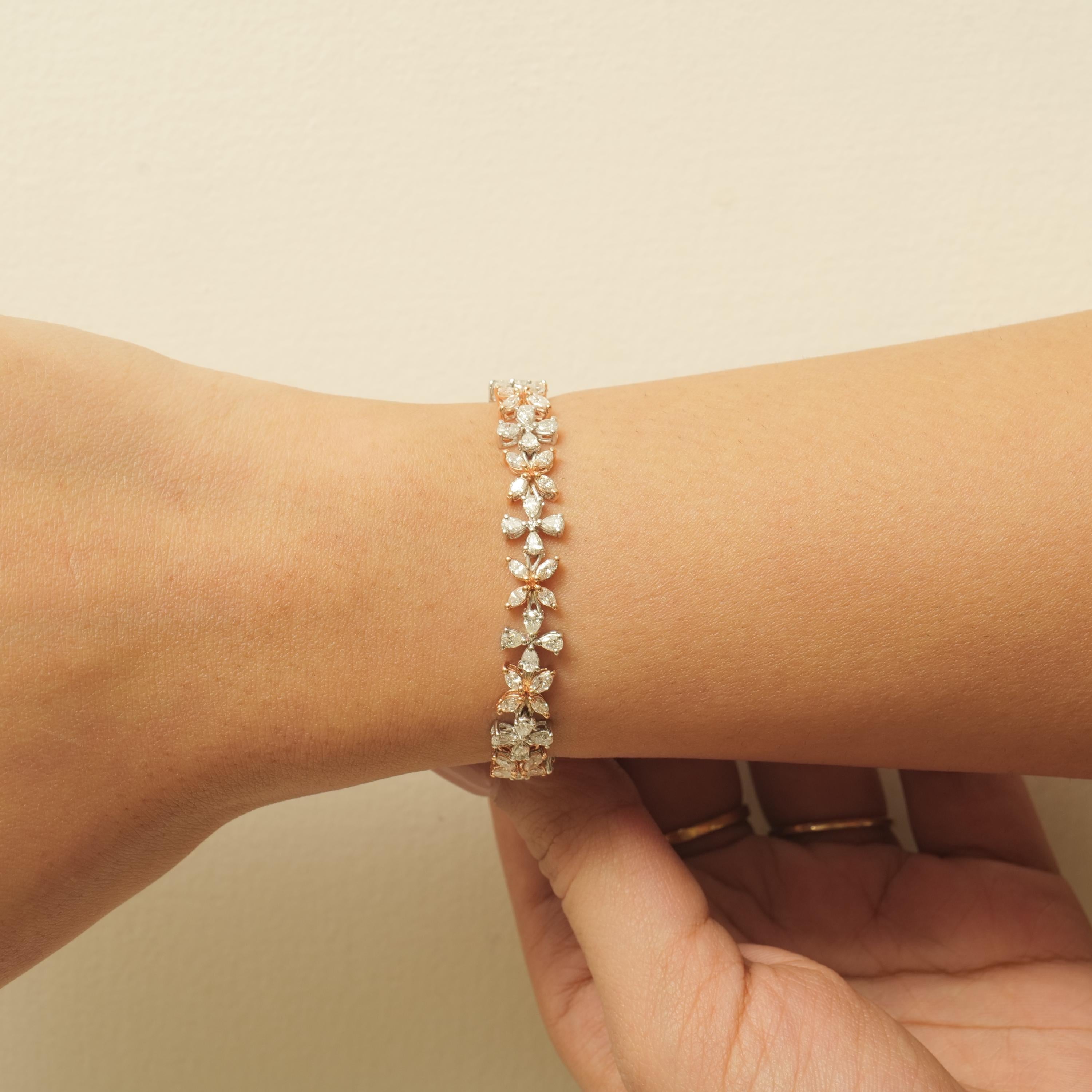 Florales A Link Diamant-Tennisarmband aus 14 Karat massivem Gold (zertifiziert) (Art déco) im Angebot