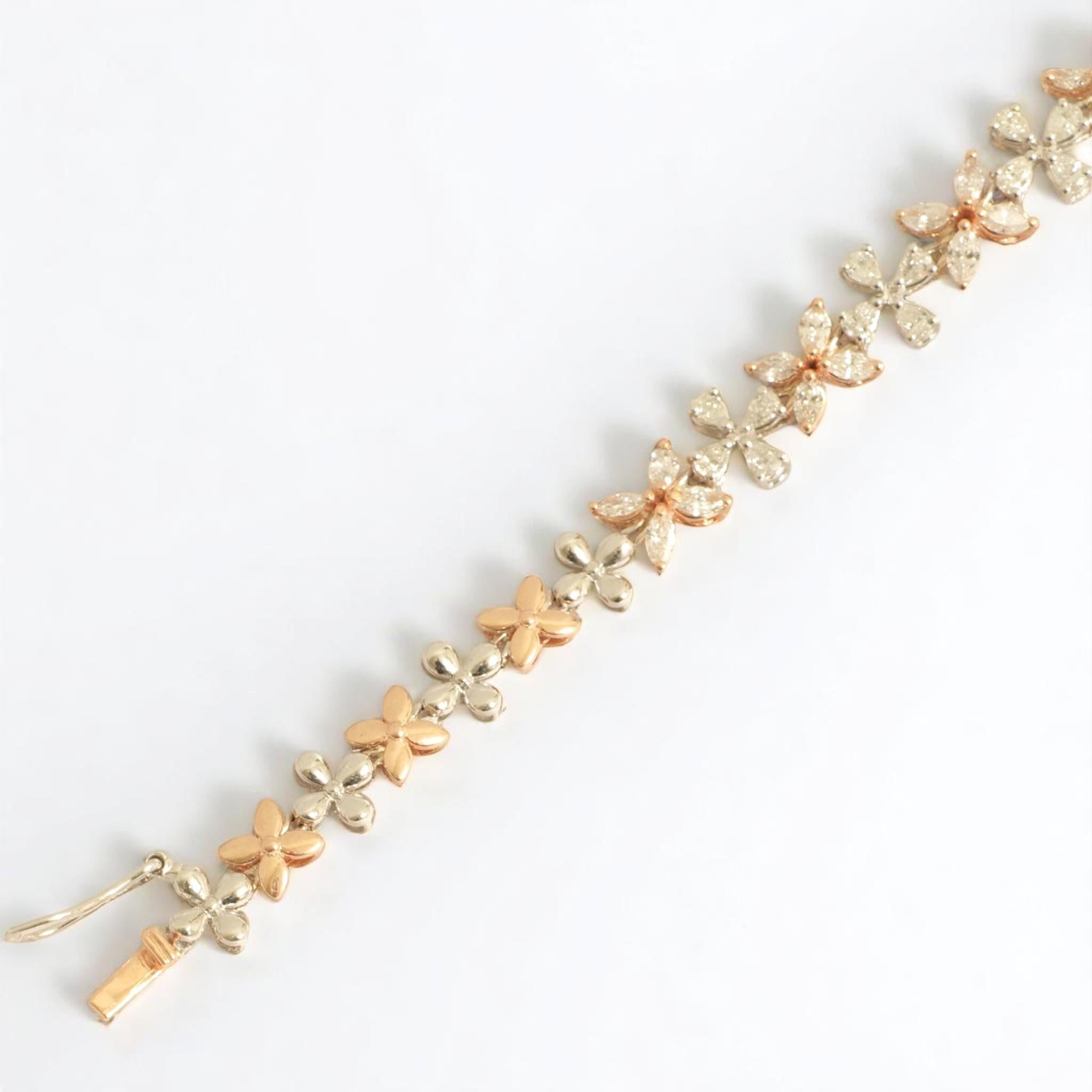 Florales A Link Diamant-Tennisarmband aus 14 Karat massivem Gold (zertifiziert) im Angebot 2