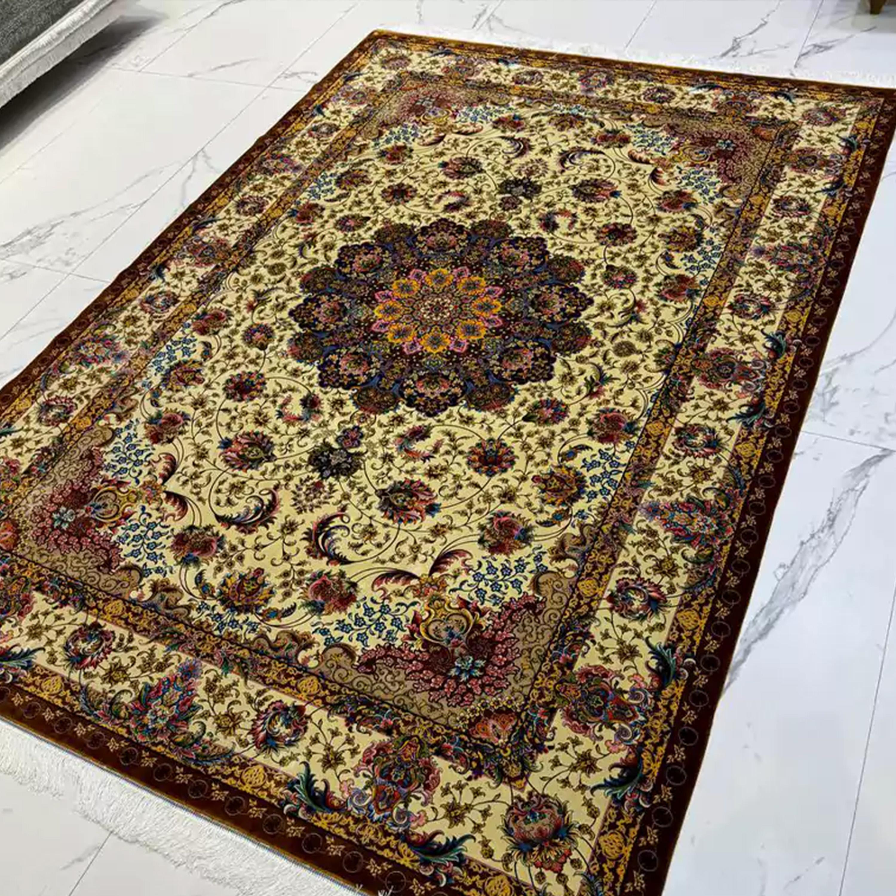 Hand-Knotted Floral Majesty on Ivory Persian Pure Silk Rug, Iranian Craftsmanship, 0056 For Sale
