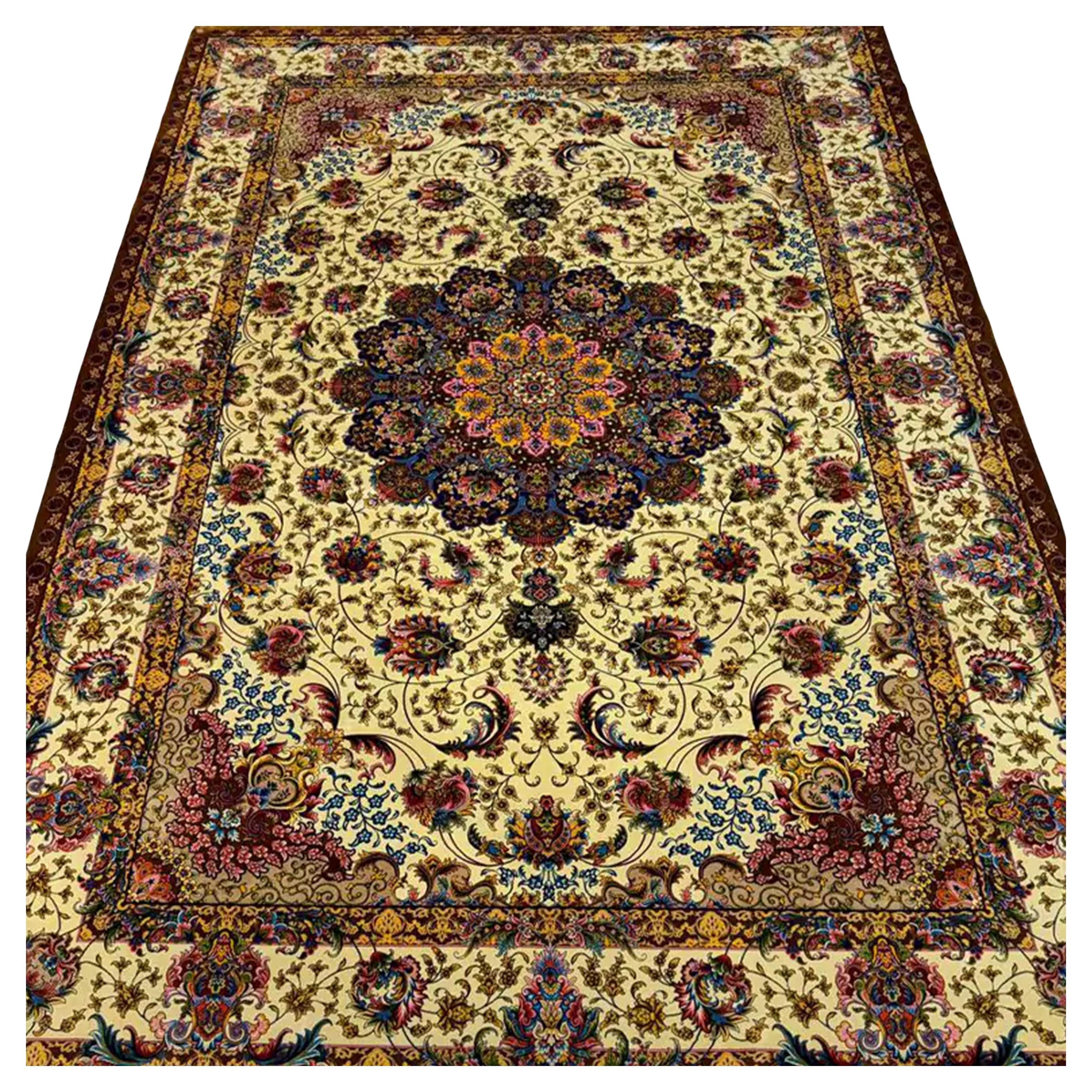 Floral Majesty on Ivory Persian Pure Silk Rug, Iranian Craftsmanship, 0056