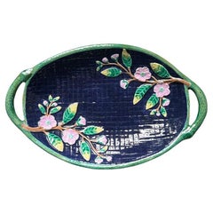 Floral Majolica l'Oeil Faux Bois Ceramic Serving Platter in Blue Pink and Yellow