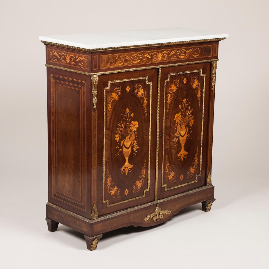 A late 19th century floral marquetry two-door cabinet with Carrera marble top and gilt bronze mounts, French, circa 1880.