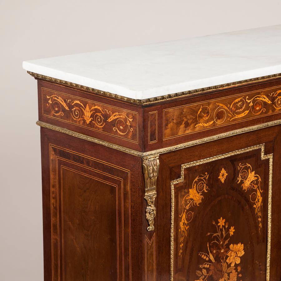 French Floral Marquetry Two-Door Cabinet with Carrera Marble Top For Sale