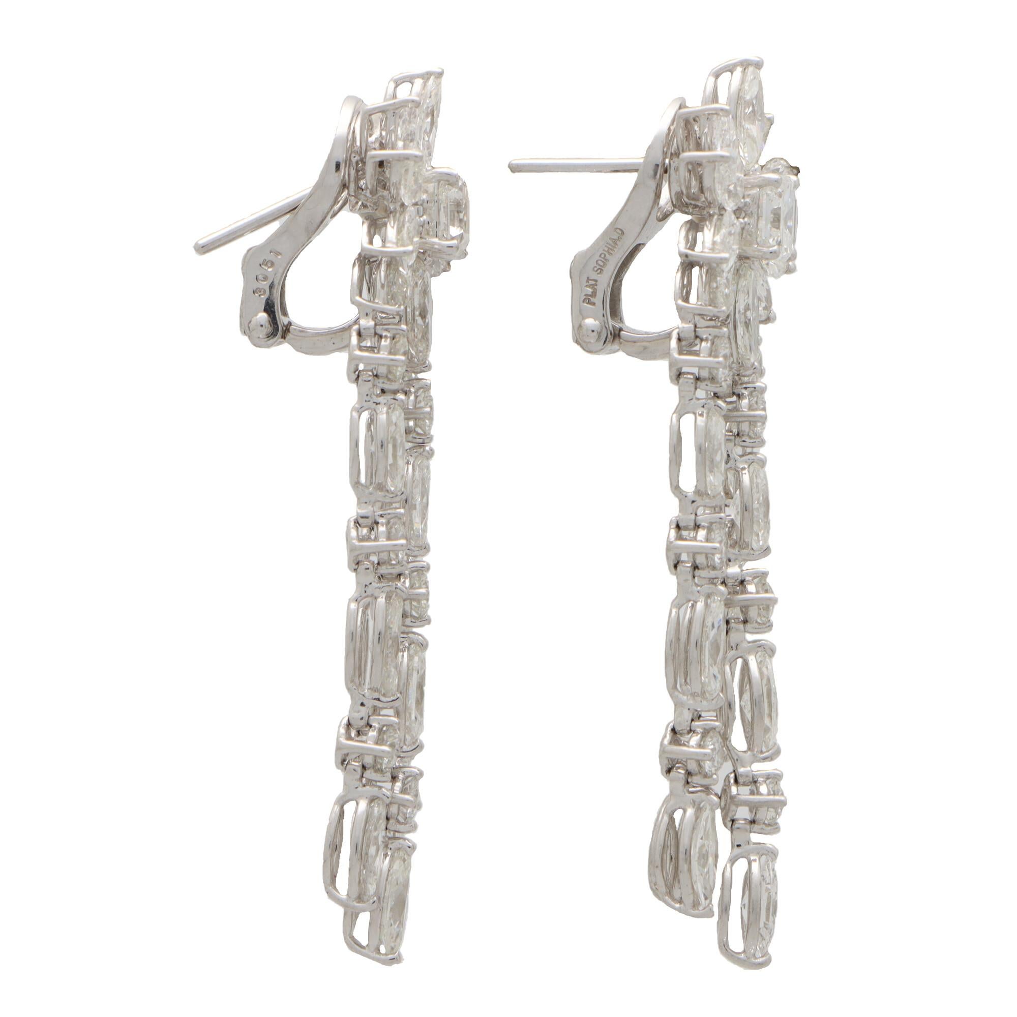 Floral Marquise and Asscher Cut Diamond Drop Earrings Set in Platinum In Excellent Condition For Sale In London, GB
