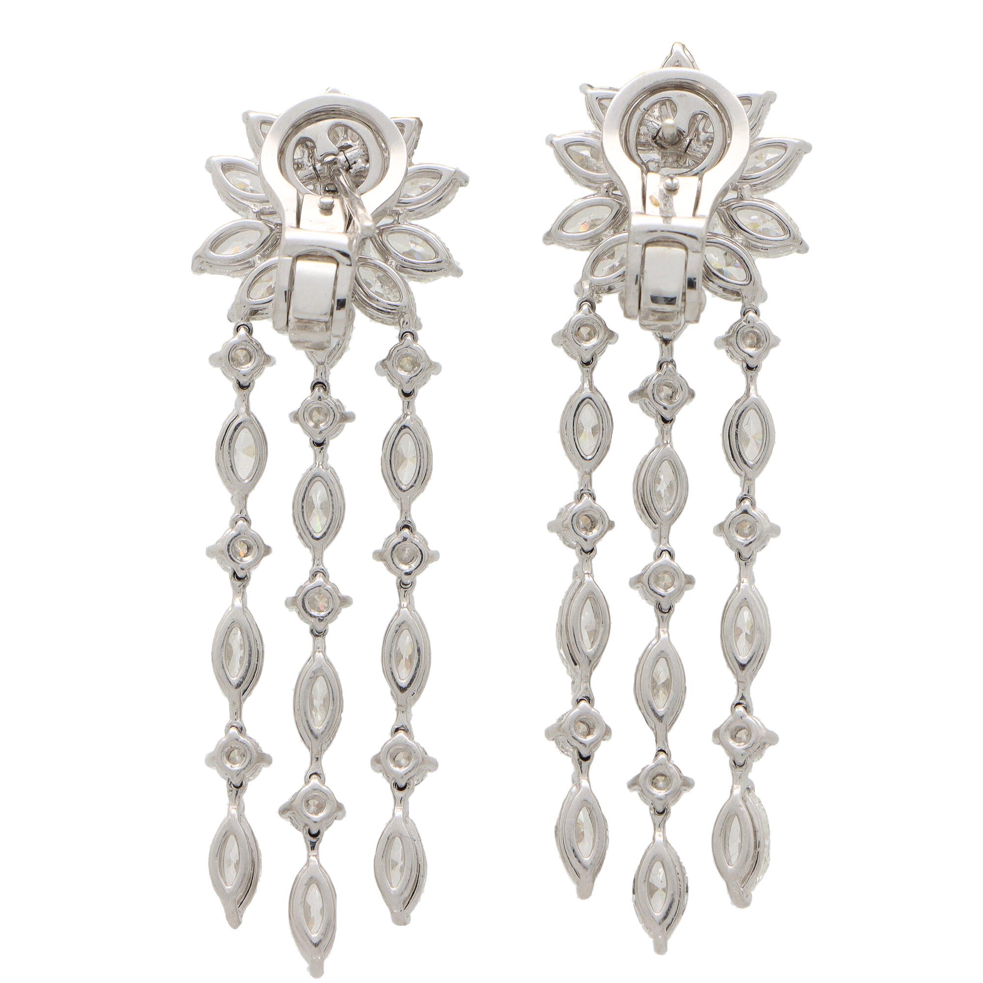 Women's or Men's Floral Marquise and Asscher Cut Diamond Drop Earrings Set in Platinum For Sale