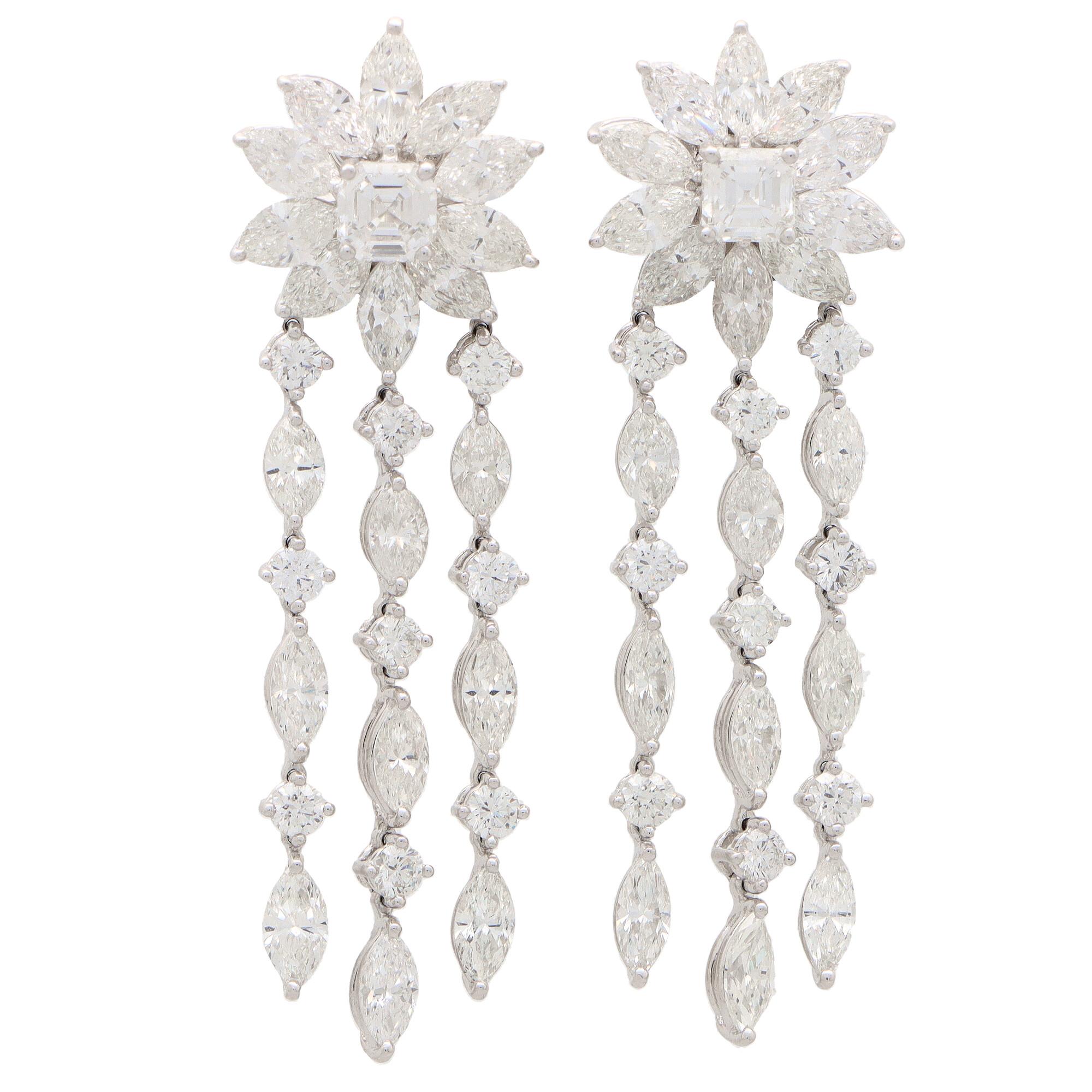 Floral Marquise and Asscher Cut Diamond Drop Earrings Set in Platinum