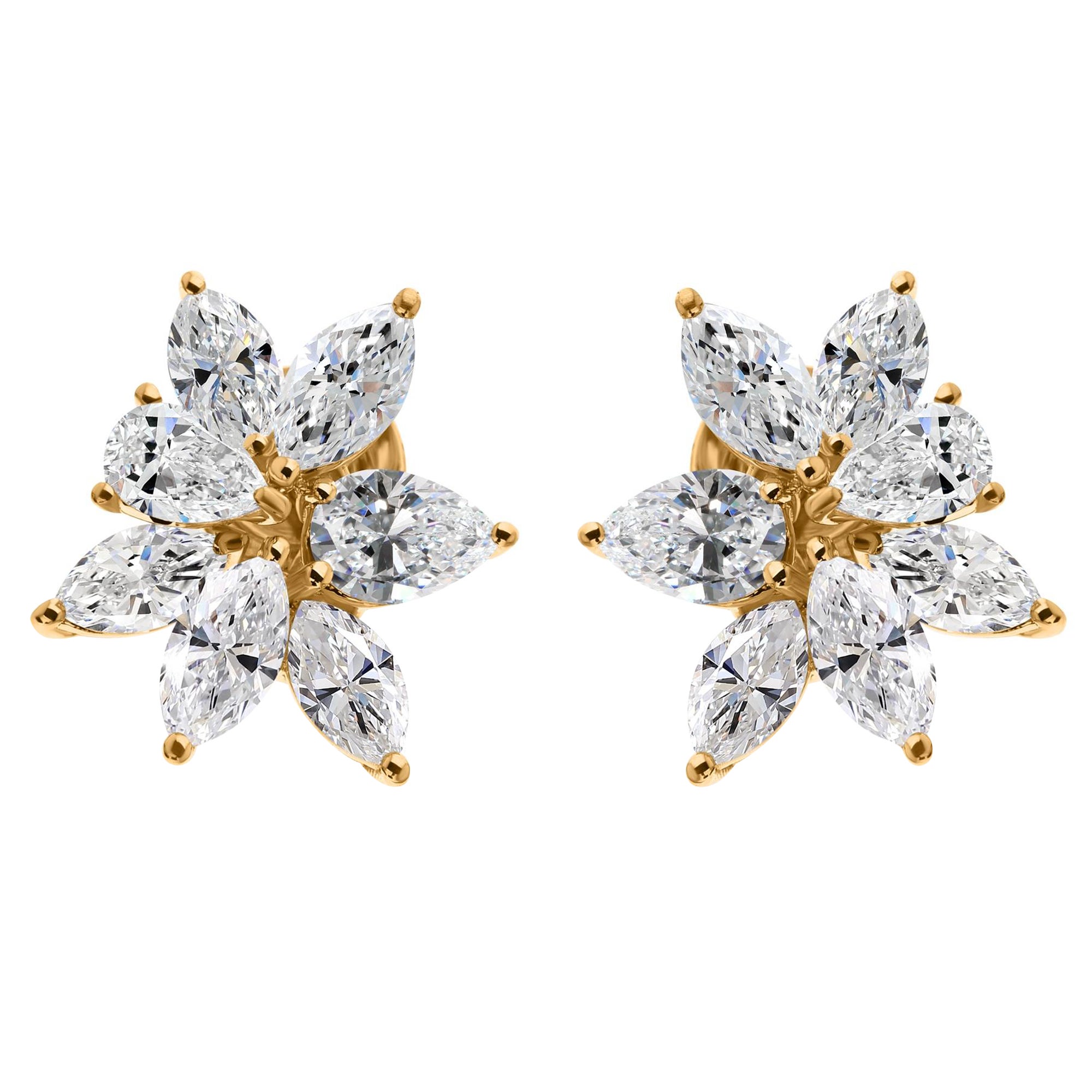 4.72ct SI/H Diamond Floral Cluster Stud Earrings 14 Karat Yellow Gold