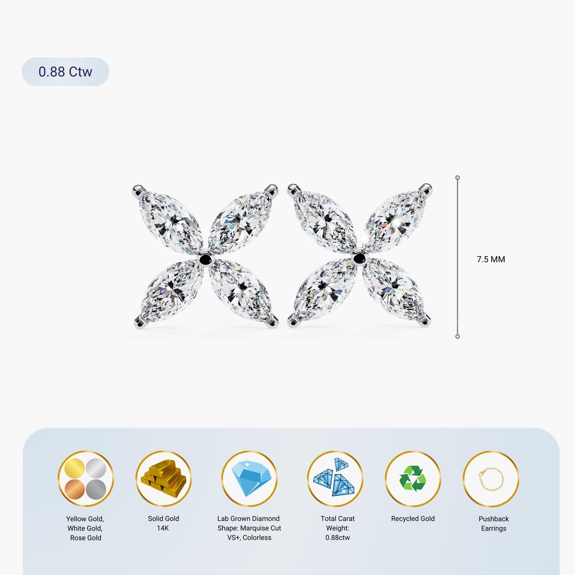 Floral Marquise Natural Diamond Petal Stud Earrings, 14k Solid Gold, SI GH For Sale 4