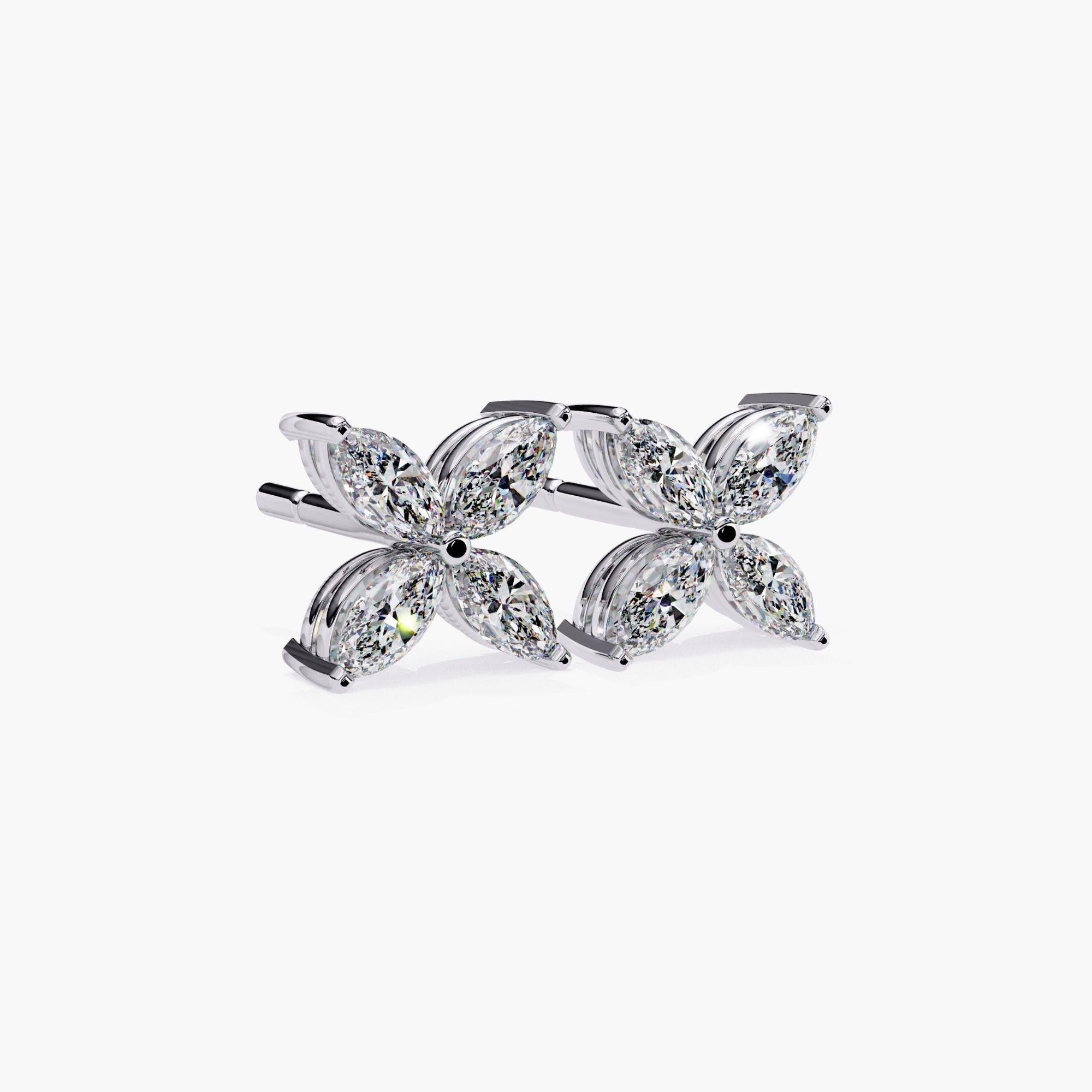 Marquise Cut Floral Marquise Natural Diamond Petal Stud Earrings, 14k Solid Gold, SI GH For Sale