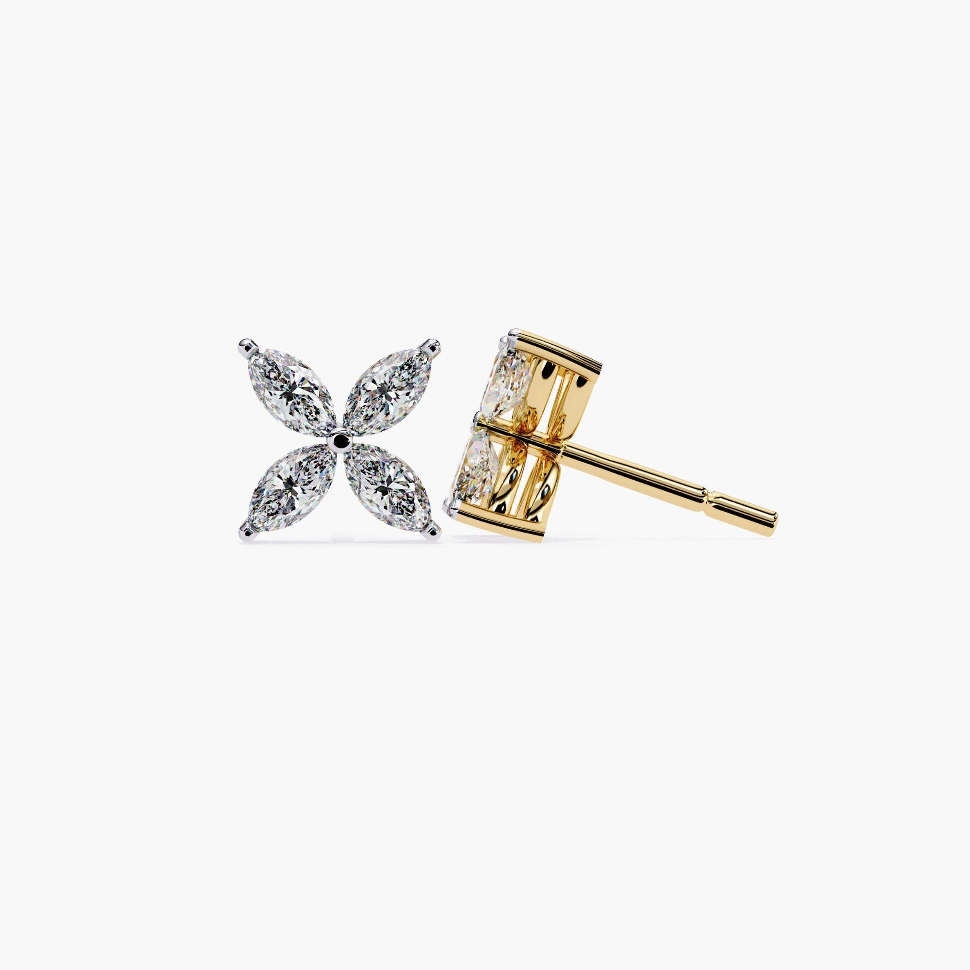 Floral Marquise Natural Diamond Petal Stud Earrings, 14k Solid Gold, SI GH In New Condition For Sale In New York, NY