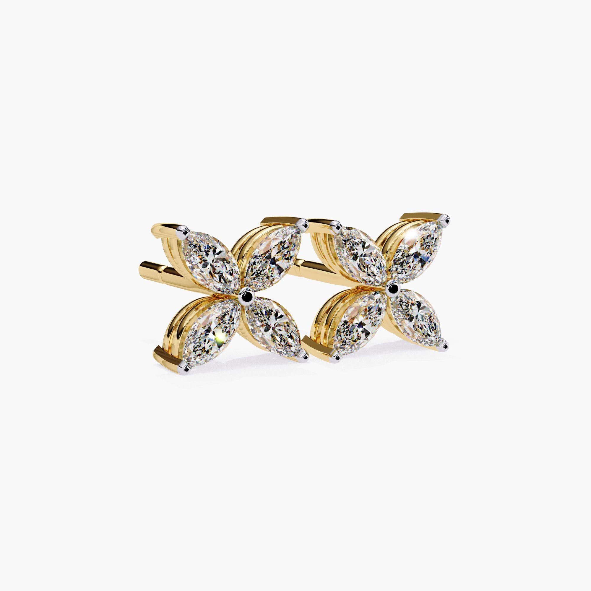 Women's Floral Marquise Natural Diamond Petal Stud Earrings, 14k Solid Gold, SI GH For Sale
