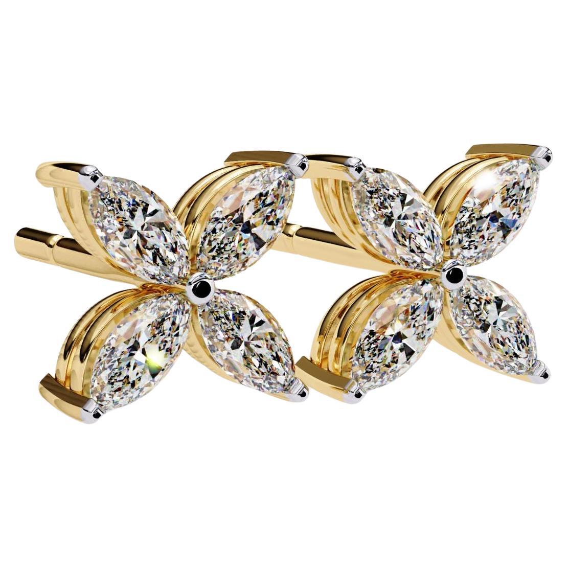 Floral Marquise Natural Diamond Petal Stud Earrings, 14k Solid Gold, SI GH For Sale