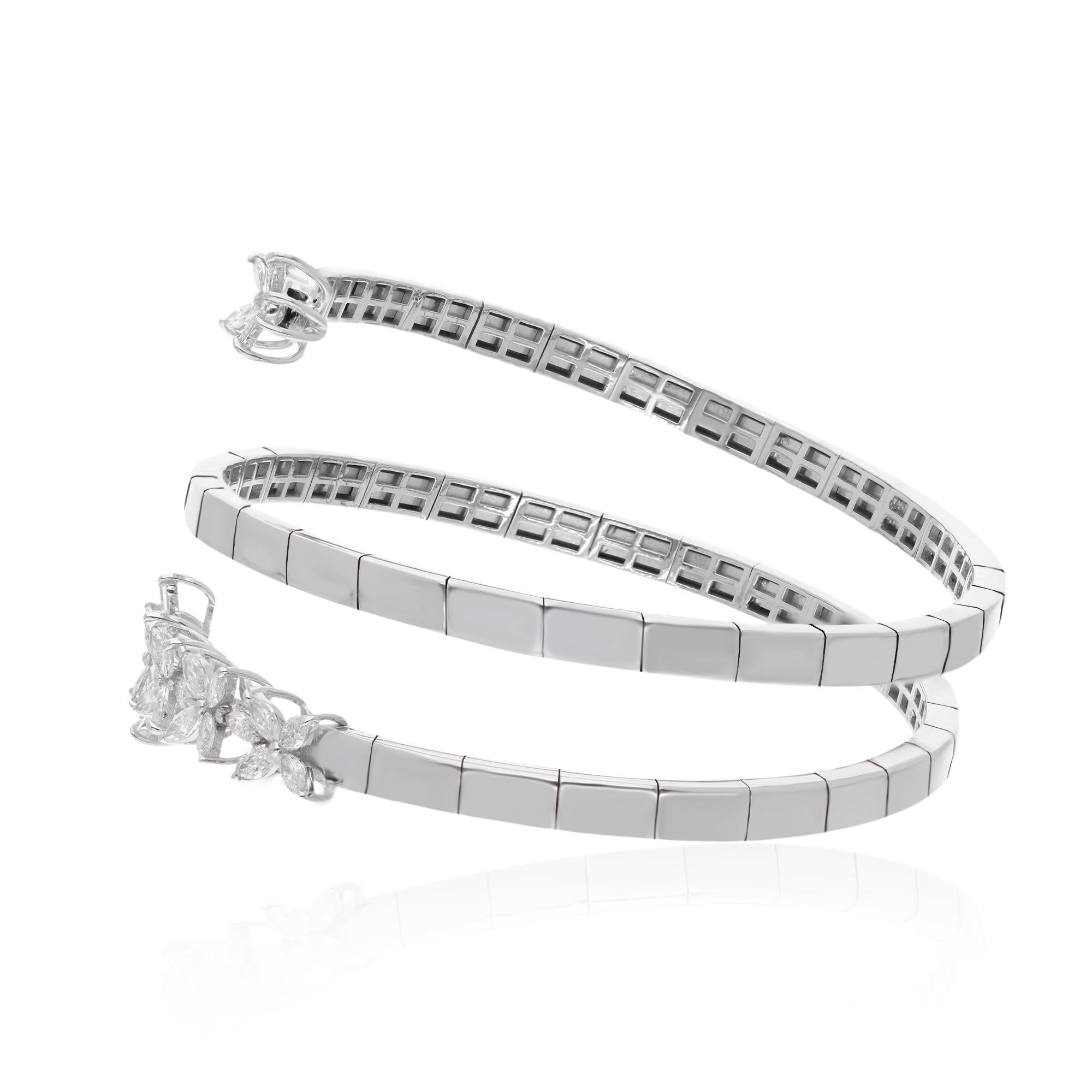 Taille Marquise Bracelet Floral Marquise Poire SI/H 1.34Ct Diamond Spiral Open Bracelet 14k White Gold en vente
