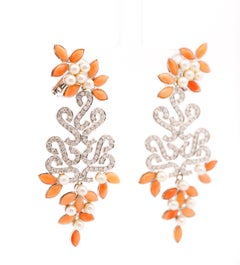 Floral Marquise-Shape Corals, Pearls & Diamond Earrings in 18k Gold