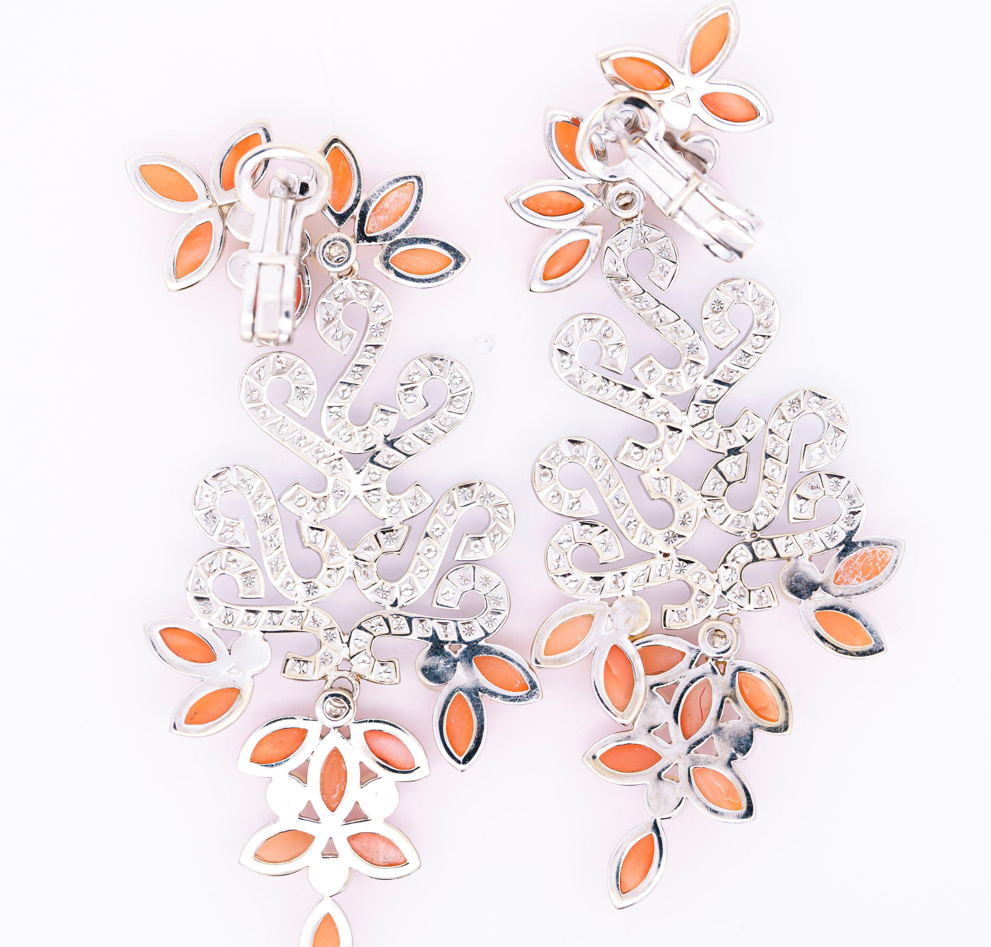 Art Deco Floral Marquise-Shape Corals, Pearls & Diamond Earrings in 18k Gold  For Sale