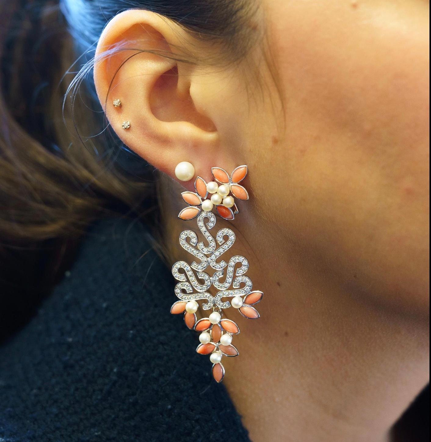 Marquise Cut Floral Marquise-Shape Corals, Pearls & Diamond Earrings in 18k Gold  For Sale