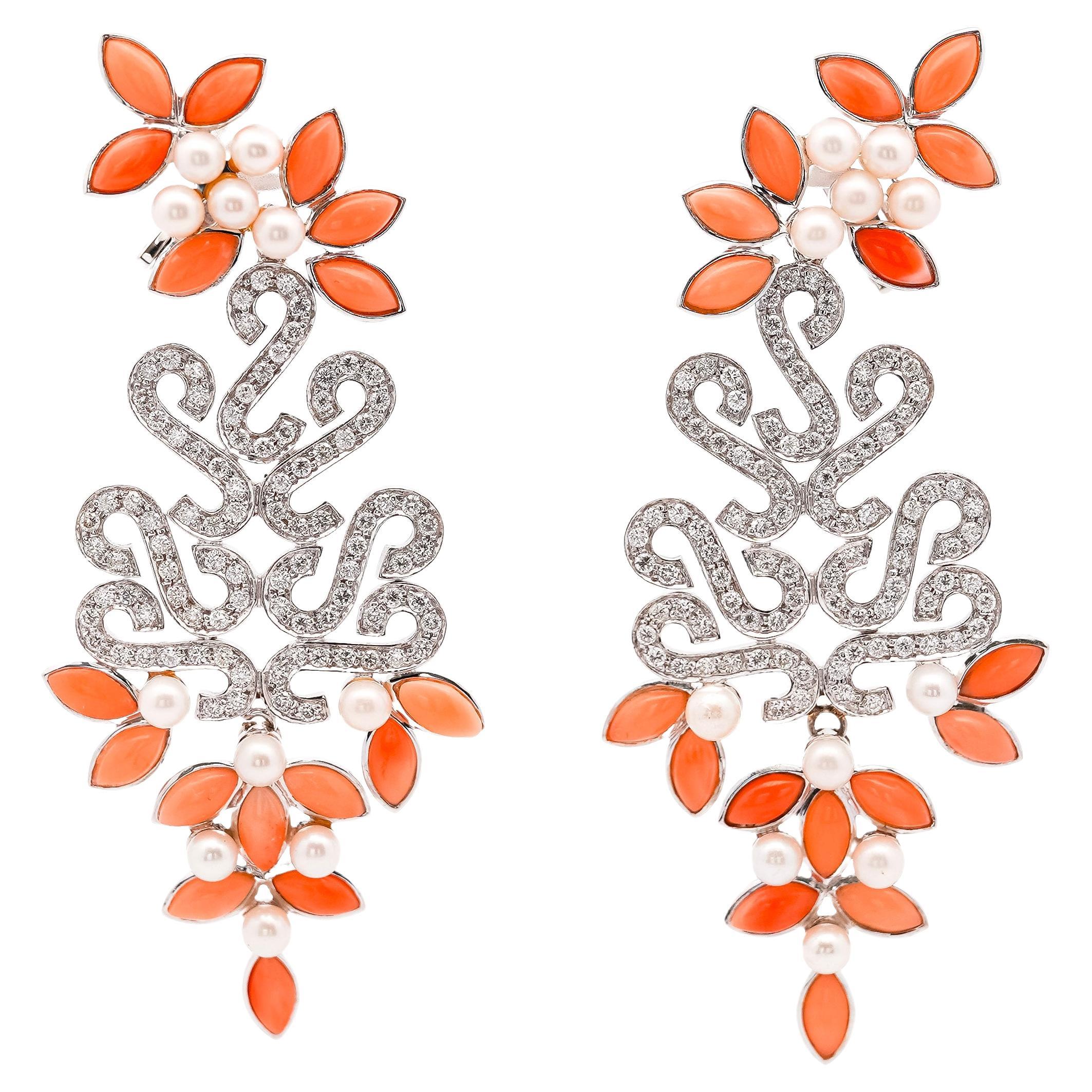 Floral Marquise-Shape Corals, Pearls & Diamond Earrings in 18k Gold  For Sale