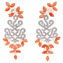 Floral Marquise-Shape Corals, Pearls & Diamond Earrings in 18k Gold 