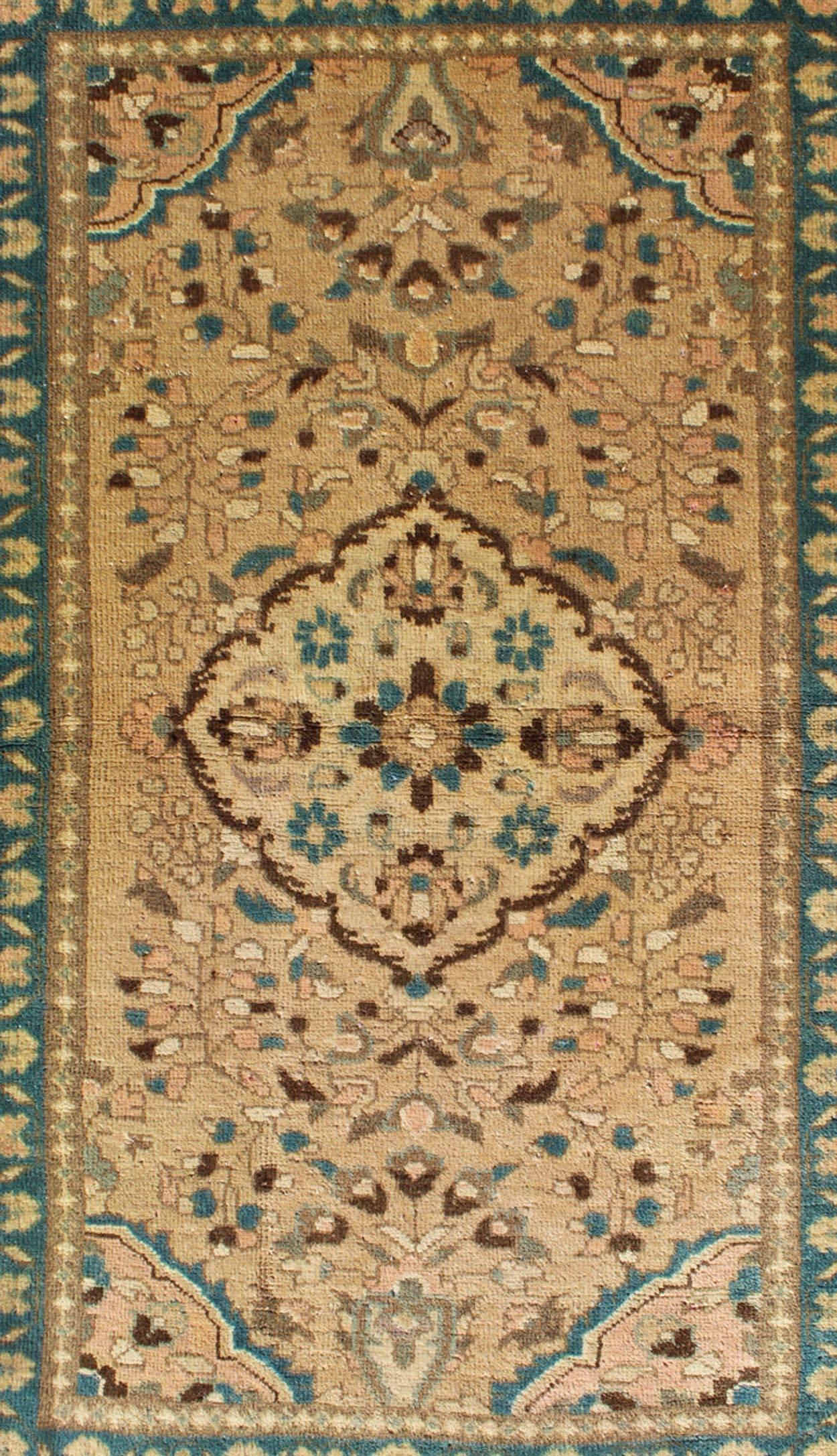 Malayer Floral Medallion Midcentury Persian Lilihan Rug in Tan, Taupe, and Turquoise