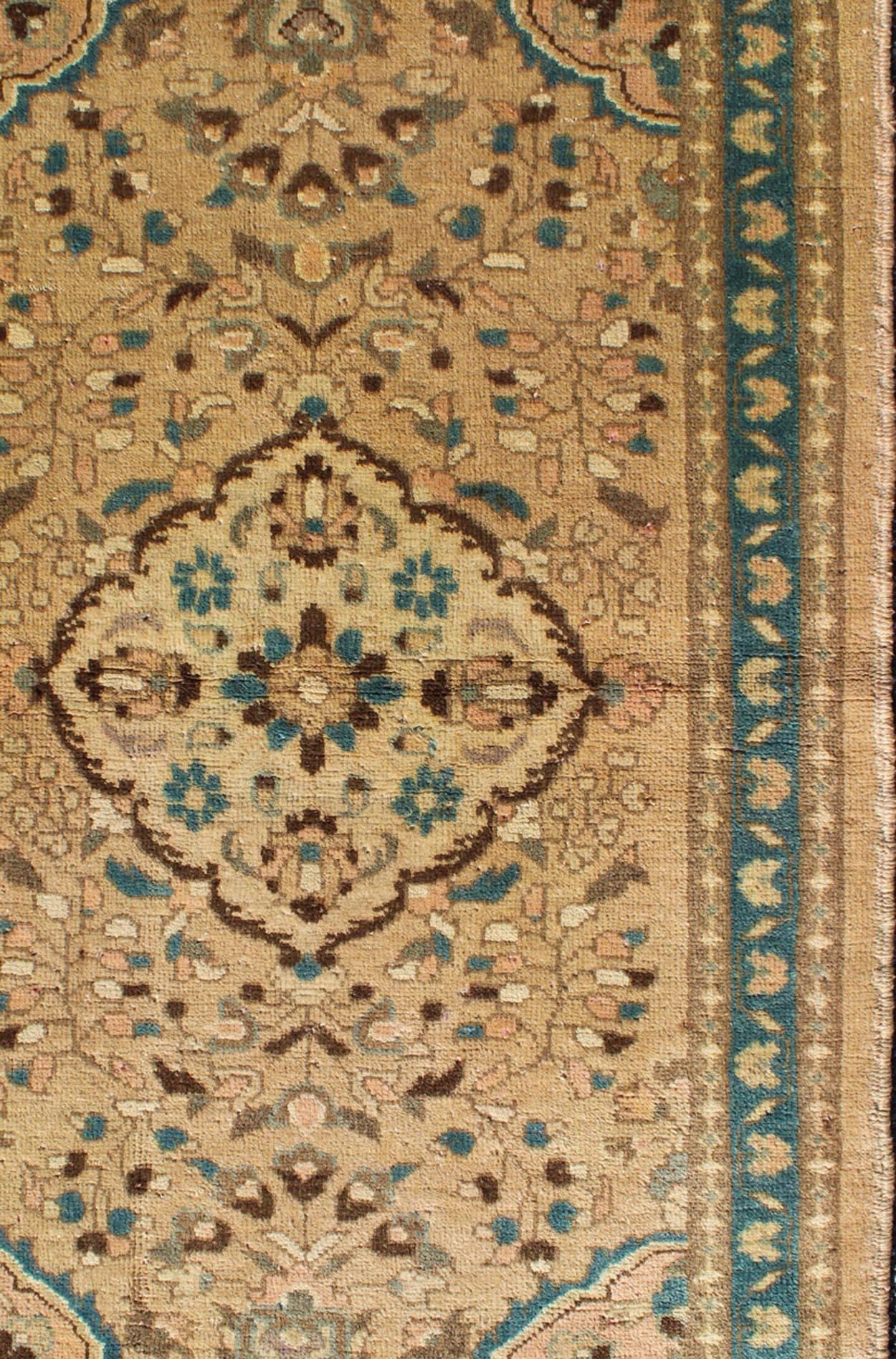 Hand-Knotted Floral Medallion Midcentury Persian Lilihan Rug in Tan, Taupe, and Turquoise