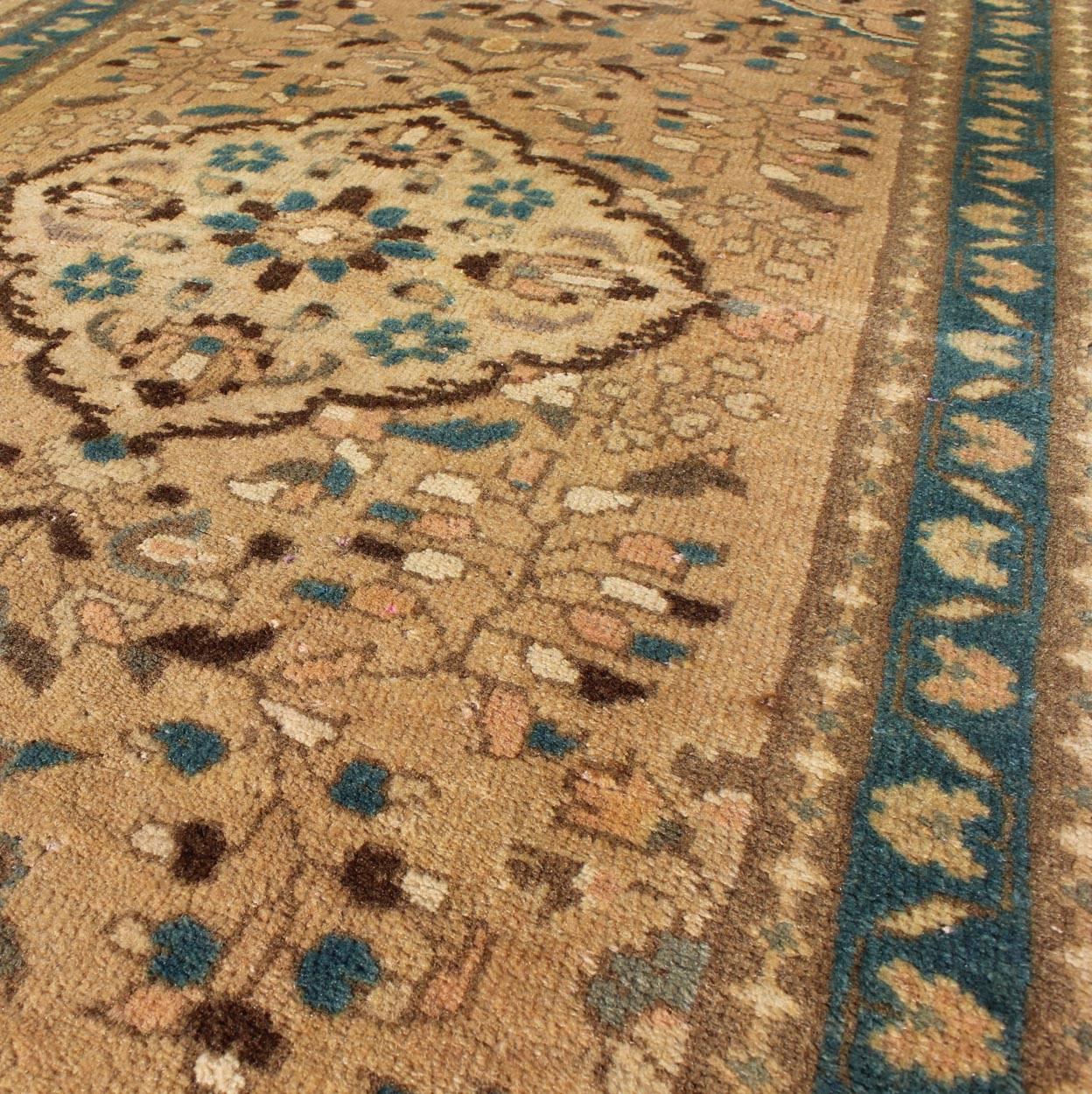 Floral Medallion Midcentury Persian Lilihan Rug in Tan, Taupe, and Turquoise In Excellent Condition In Atlanta, GA