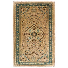 Floral Medallion Midcentury Persian Lilihan Rug in Tan, Taupe, and Turquoise