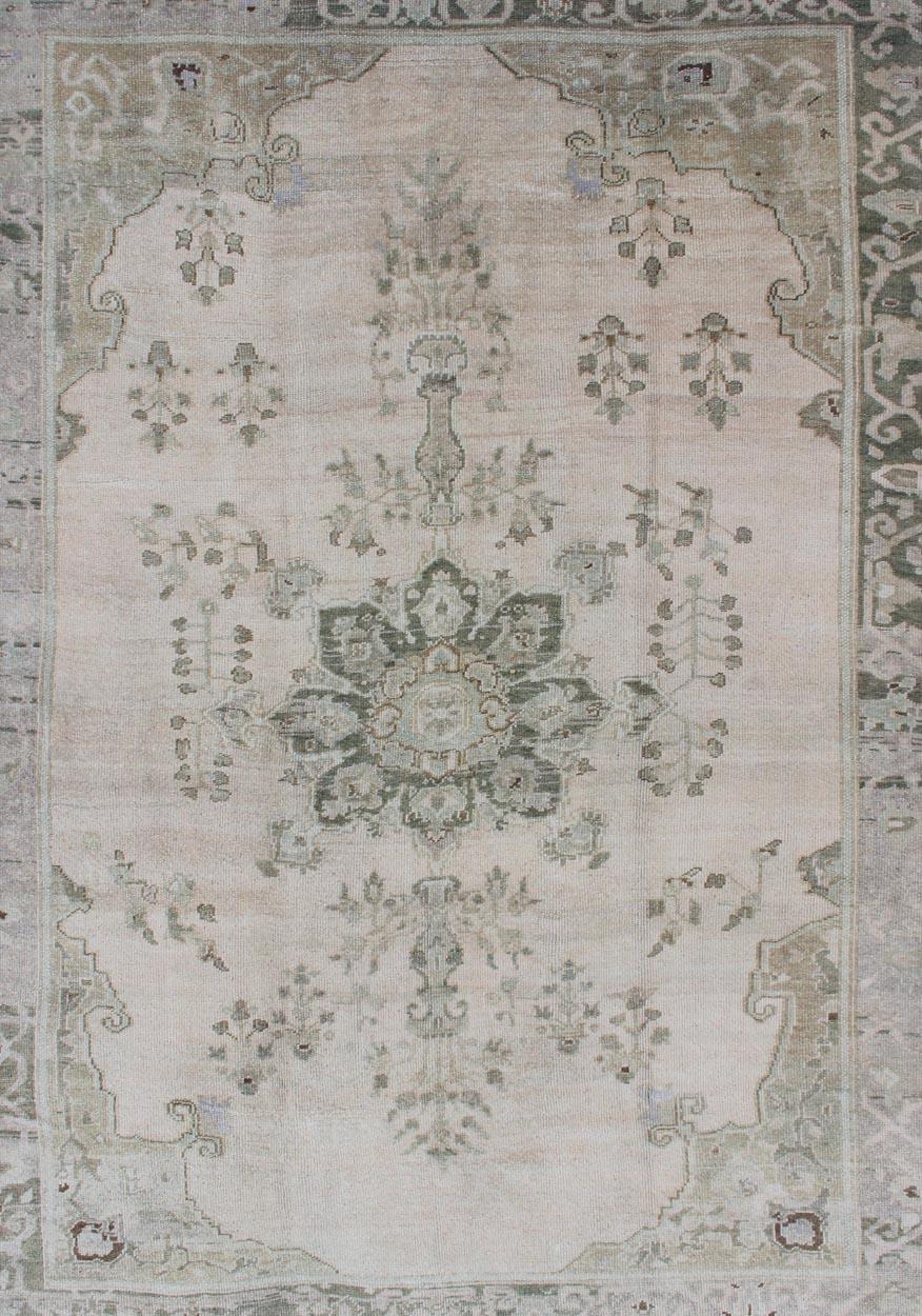 Hand-Knotted Floral Medallion Turkish Oushak Rug in Green/Gray, Blush, Charcoal, and Silver For Sale